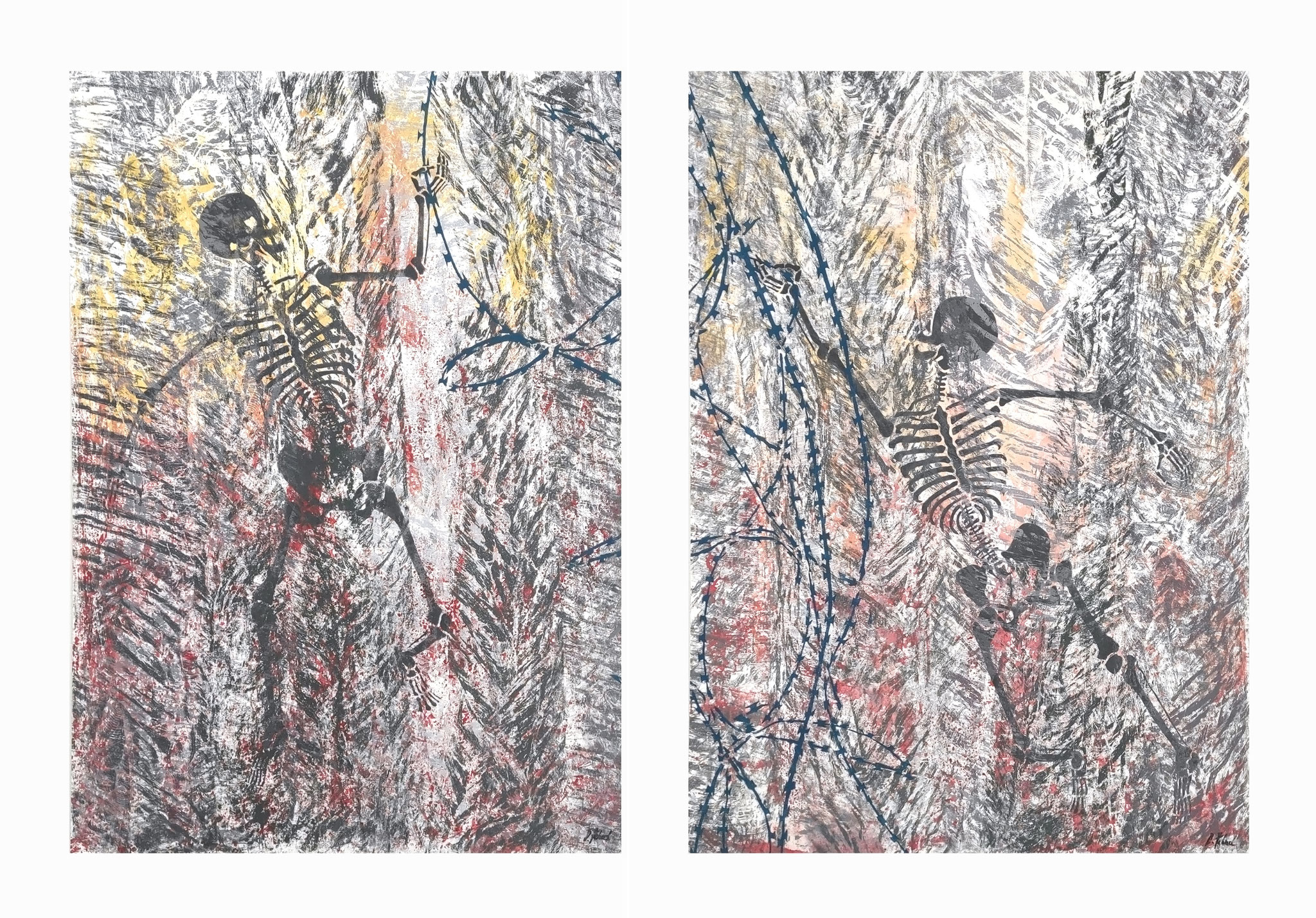 // 2024. Holz-/Linolschnitte, Material-/Transfer-/Stencildruck. Jeweils: 150 x 135 cm. Unikate