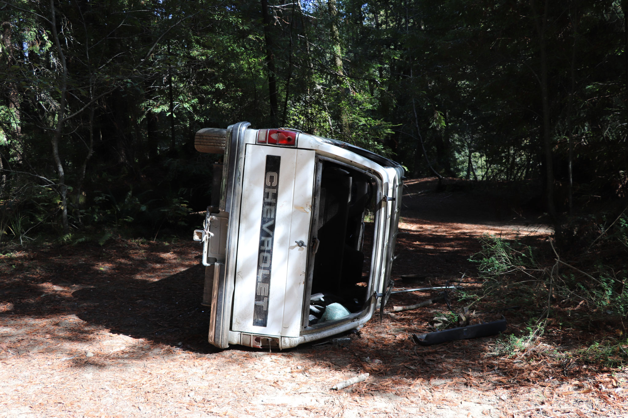 Some guy capsized his truck in the forest and just left it their