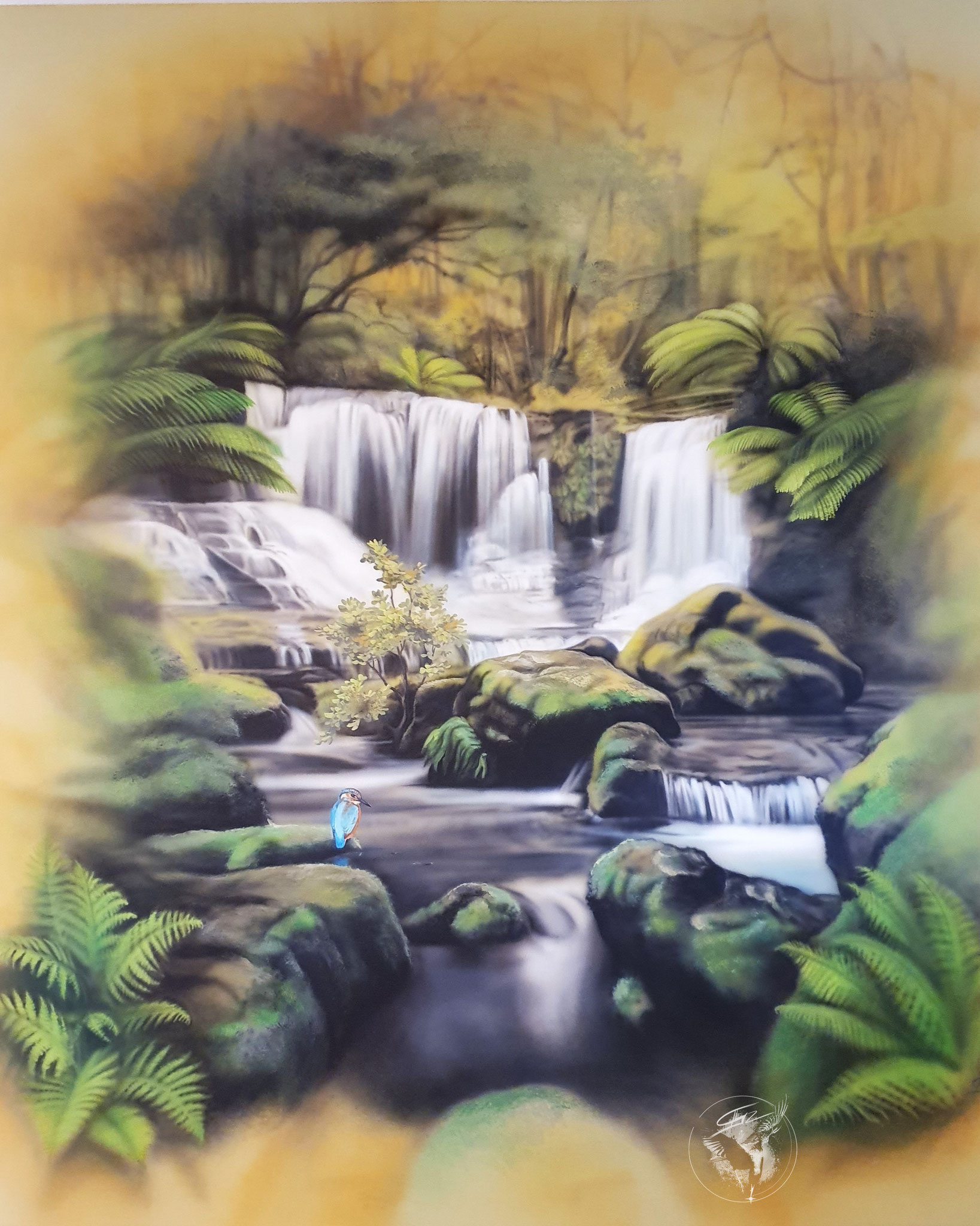 "Wasserfall", Wandmalerei in einem Badezimmer, Airbrush-, Pinsel- und Stupftechnik
