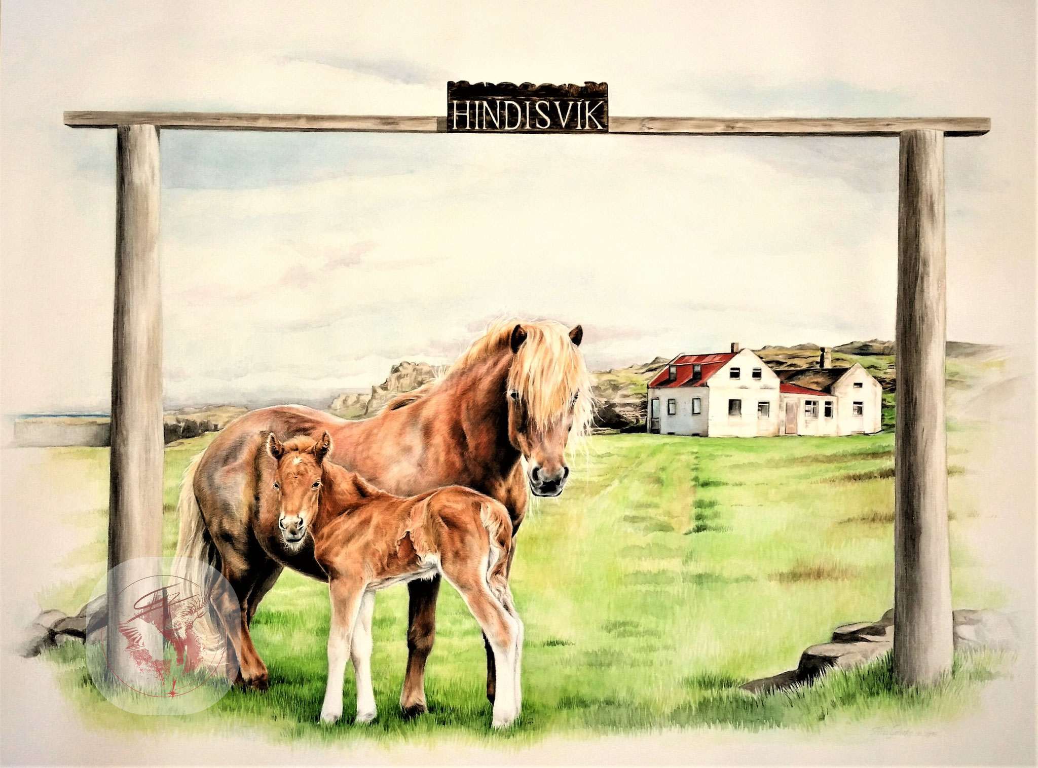 Isländischer Hof "Hindisvík", Aquarell, Auftragsmalerei