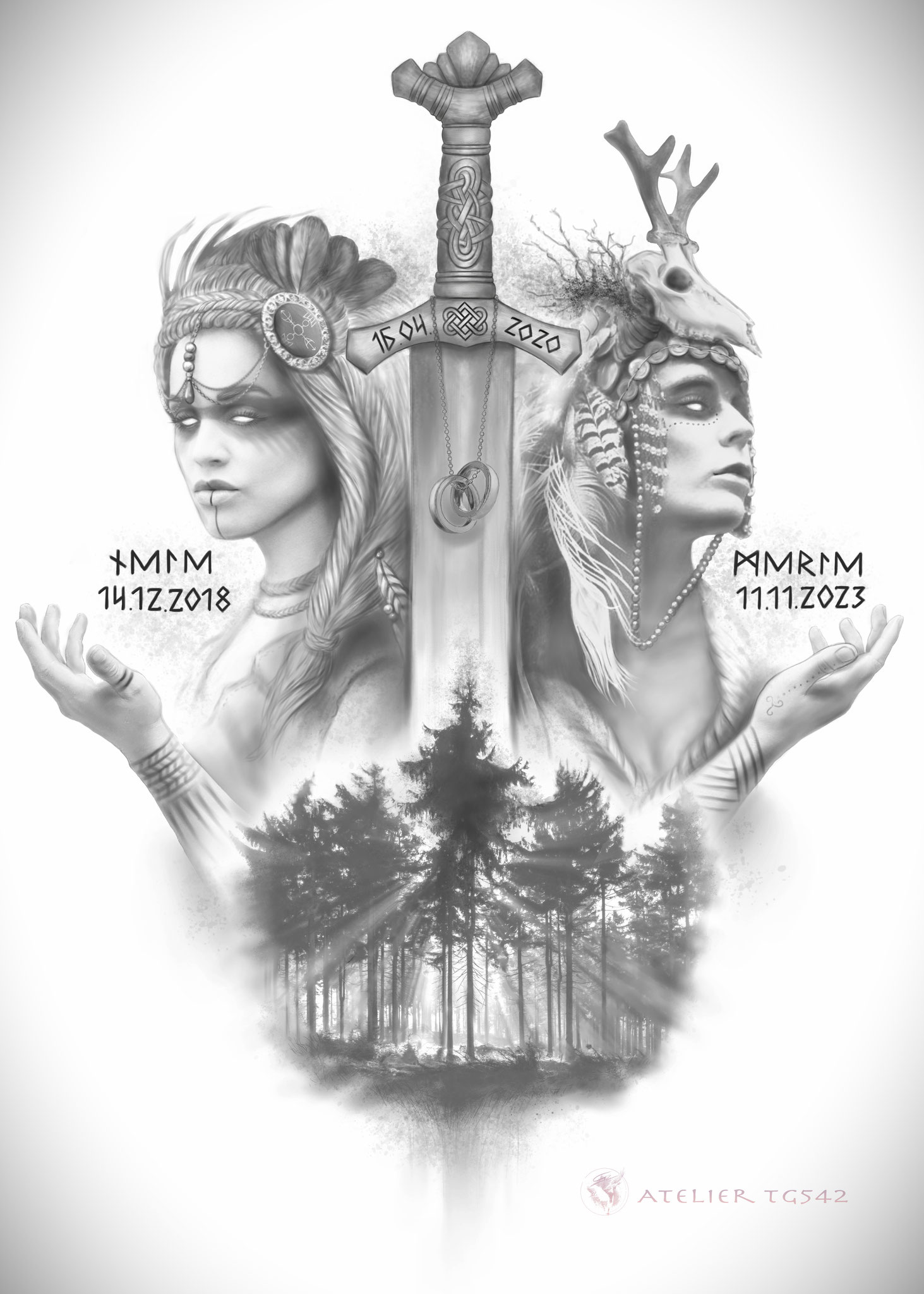 "Im Schutz der Vanen", Design für ein Rückentattoo, Auftragsmalerei am Grafiktablett