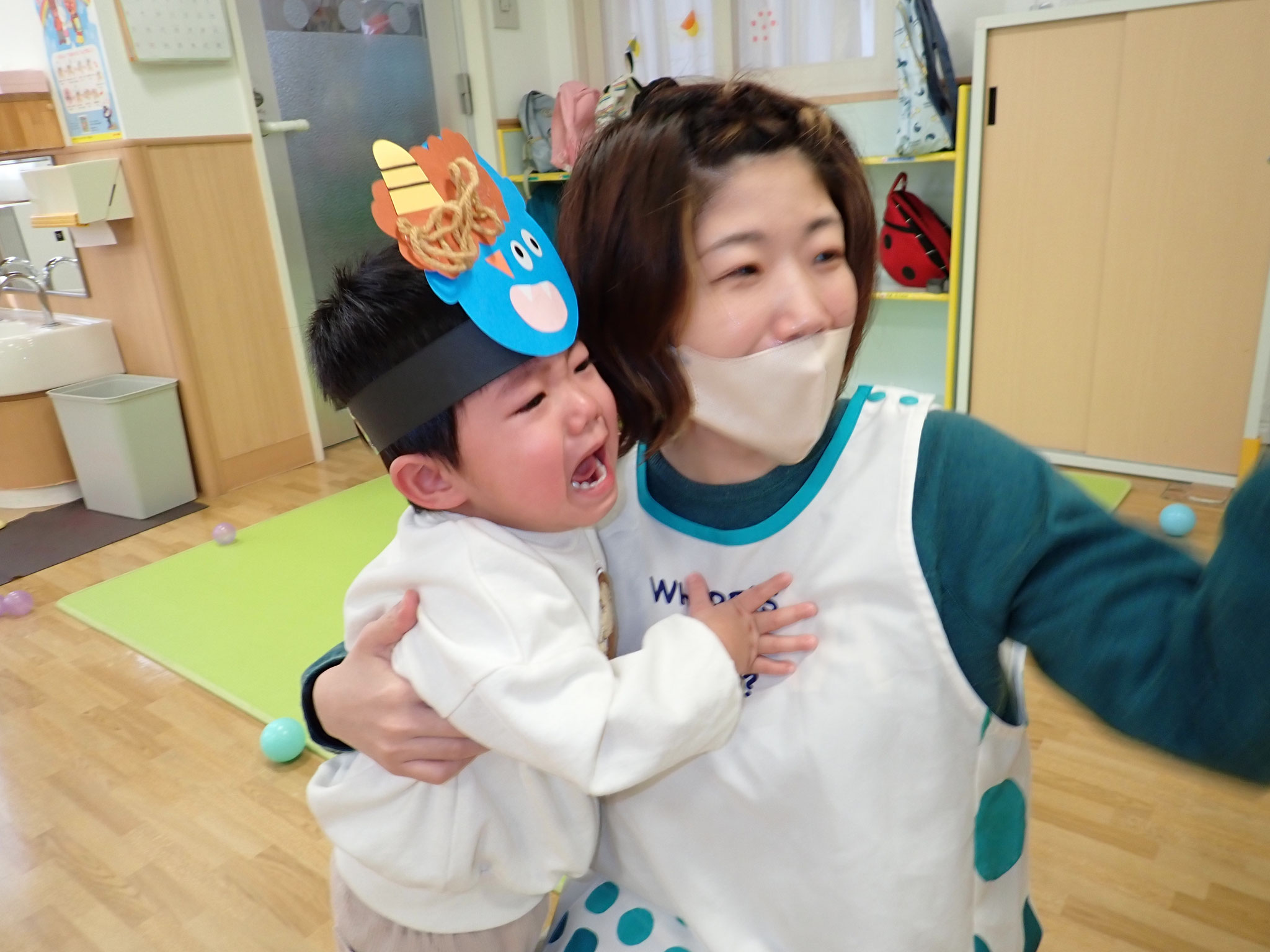 節分　「オニー！！」怖かったけど、オニは～そと！ってしたよ！