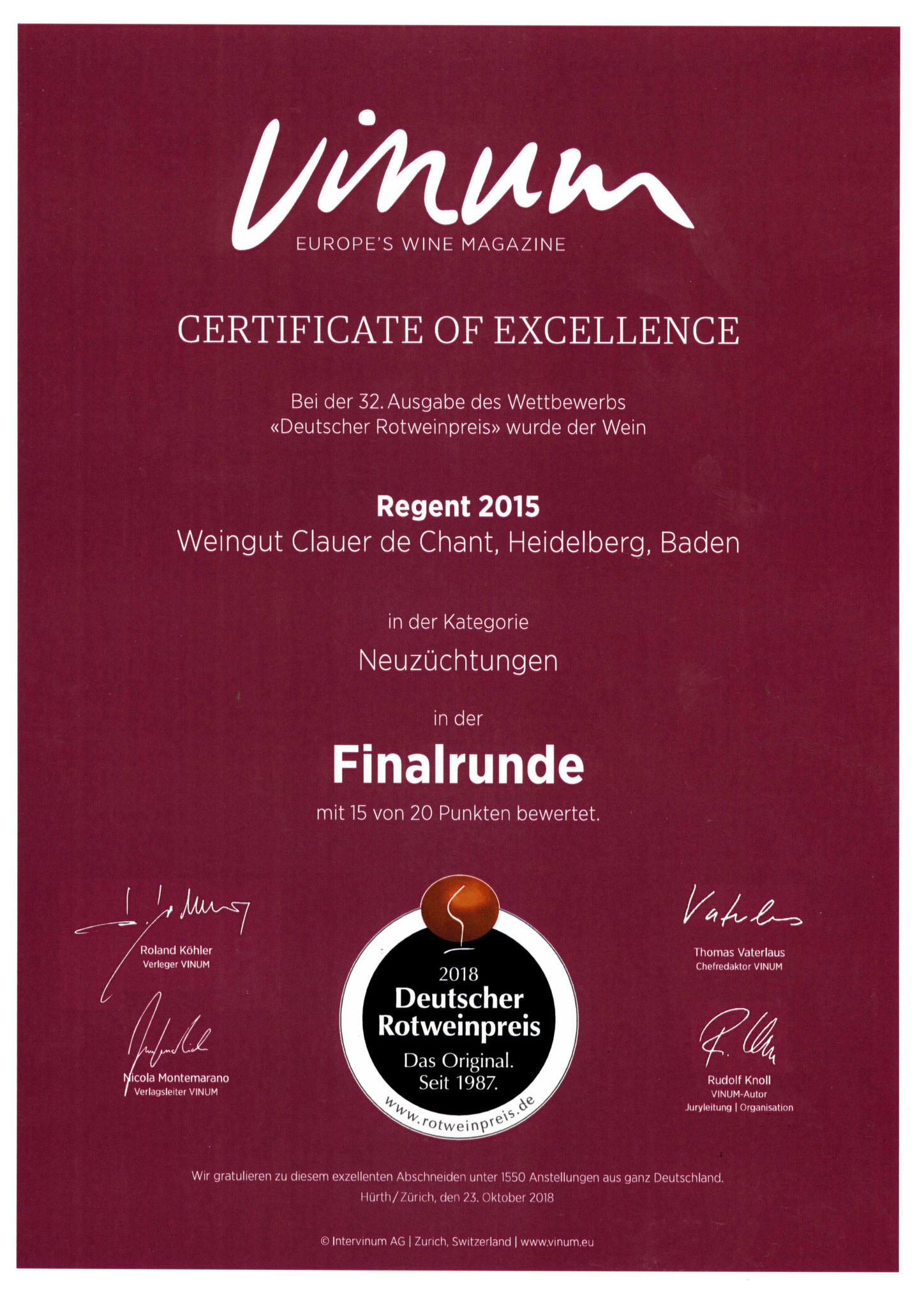 Rotwein der Spitzenklasse; Finale Deutscher Rotweinpreis Vinum Schweiz; Goldmedaille Deutschland
