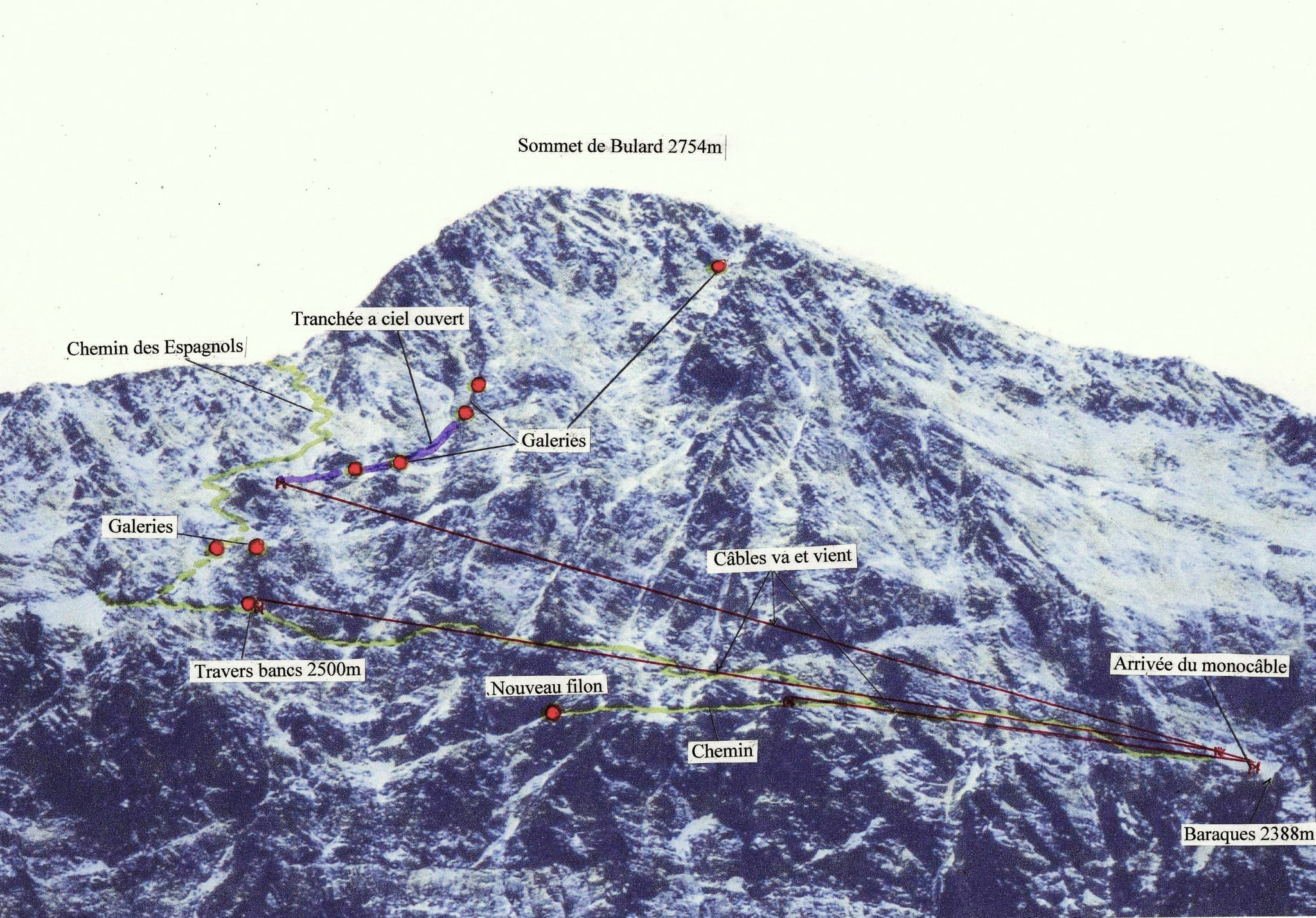 Infrastructures dans la falaise de la mine de Bulard