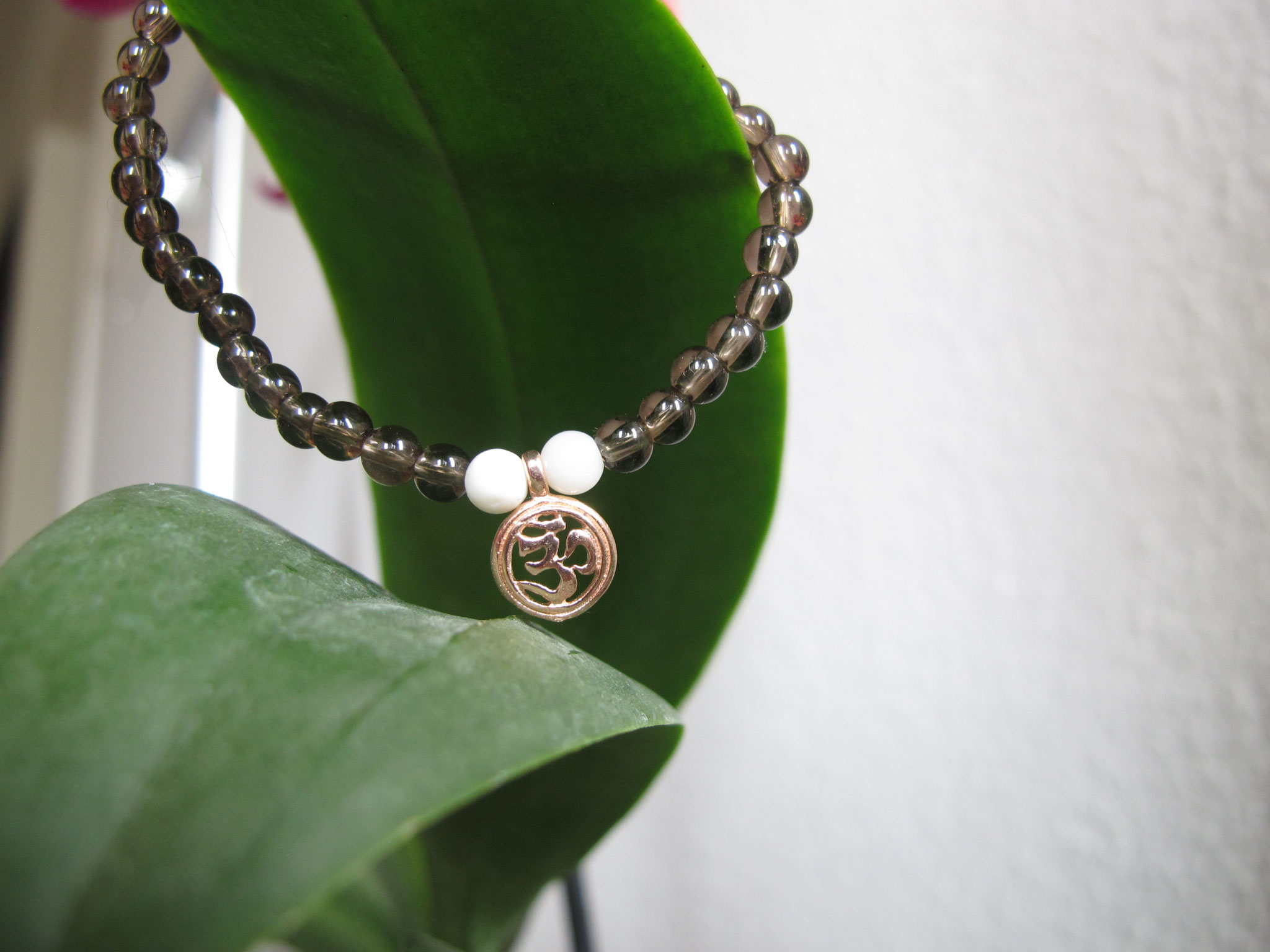 Smoky quartz with white opal beads and rose-gold-plated "OM" charm (sold)