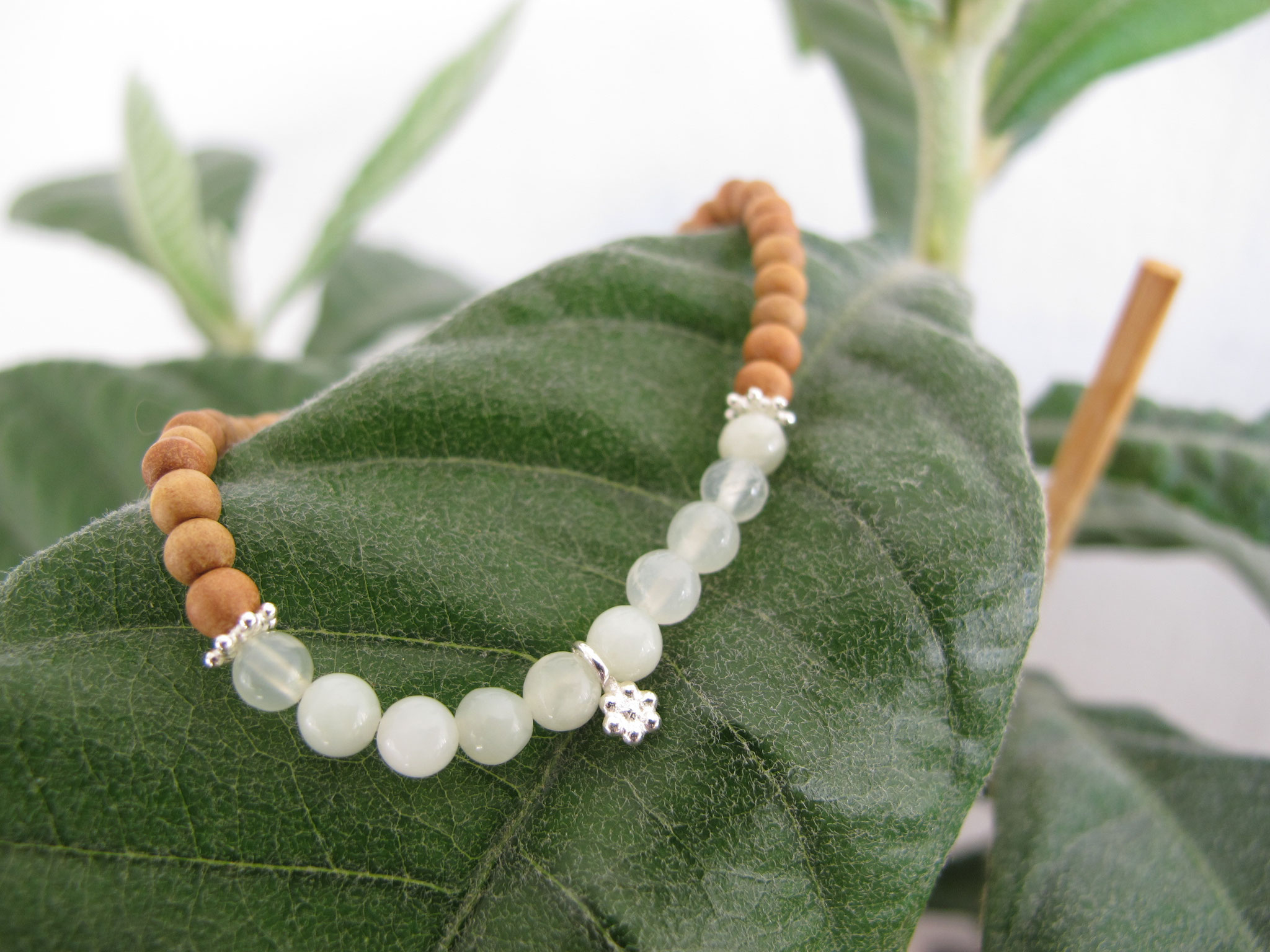 Chinese Jade and sandalwood, with a sweet 925 Sterling silver flower charm (sold)