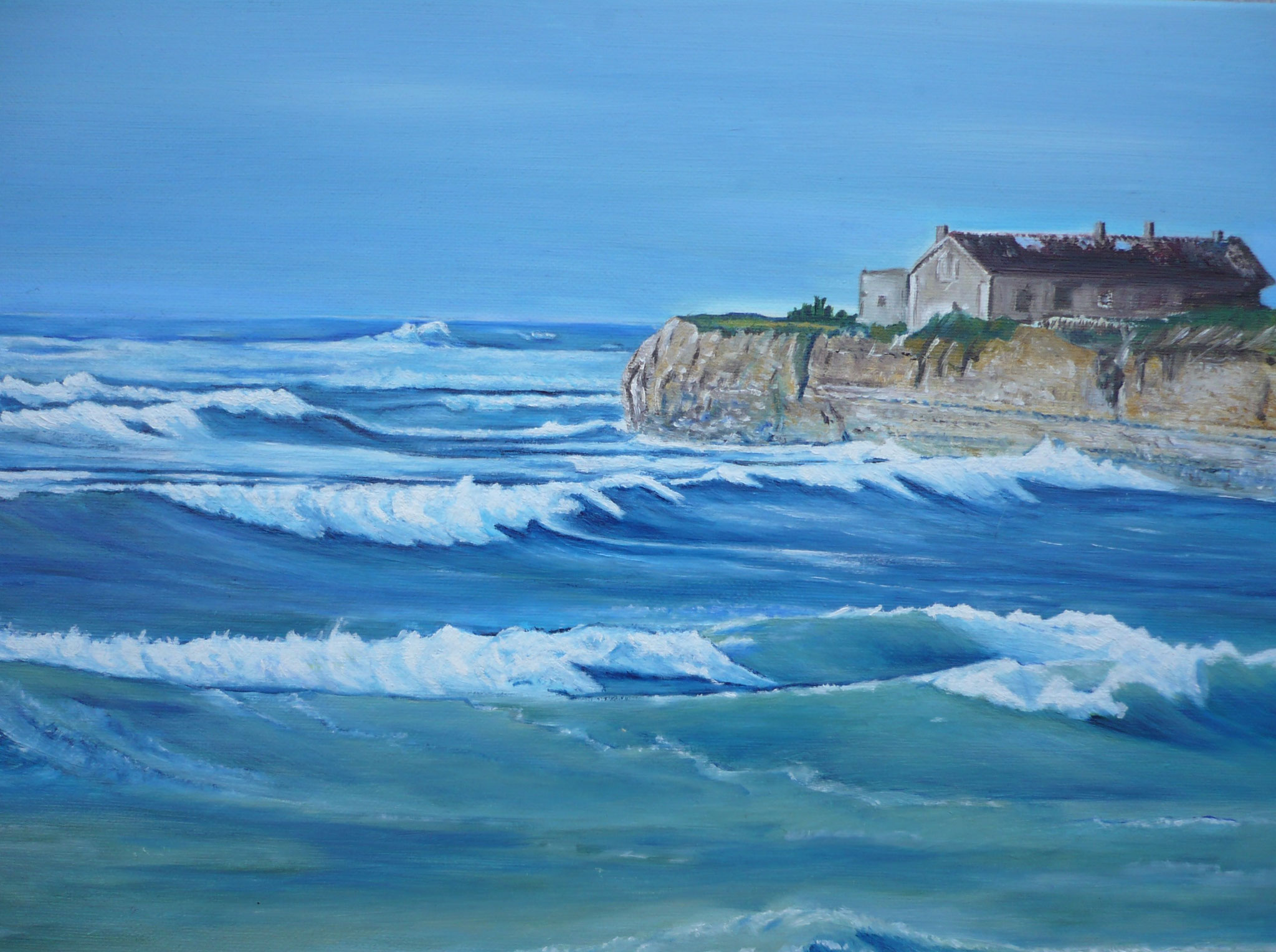 "La petite maison sur la falaise", huile sur toile