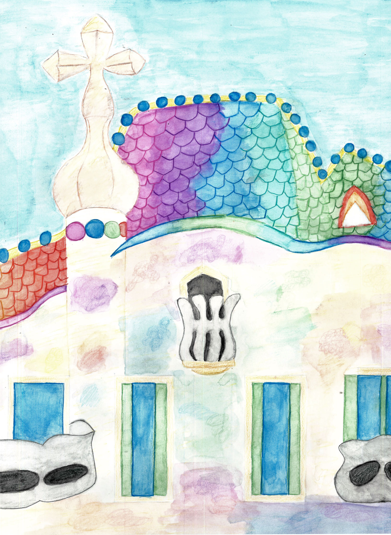 Jing Jing Hu , Tetto Casa Batllò , Acquarello su carta