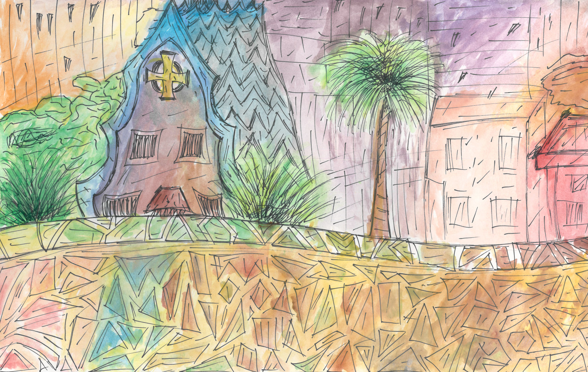 Piero D'Angelo, Parco Güell, Acquarello su carta
