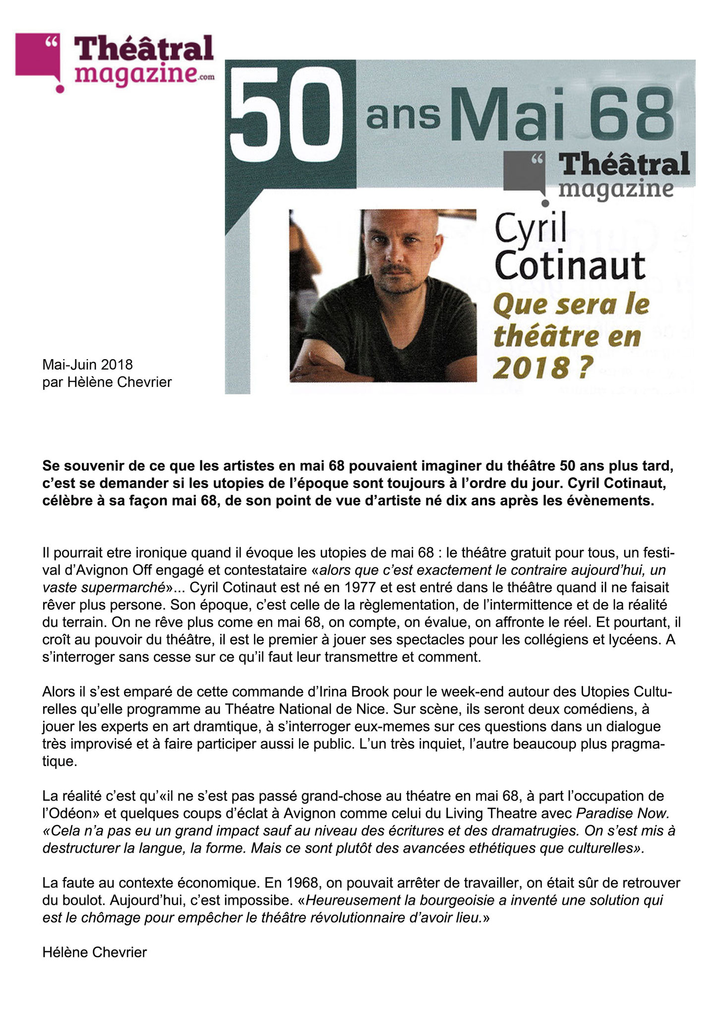 Restranscription article THEATRAL MAGAZINE - Hélène Chevrier - Mai 2018