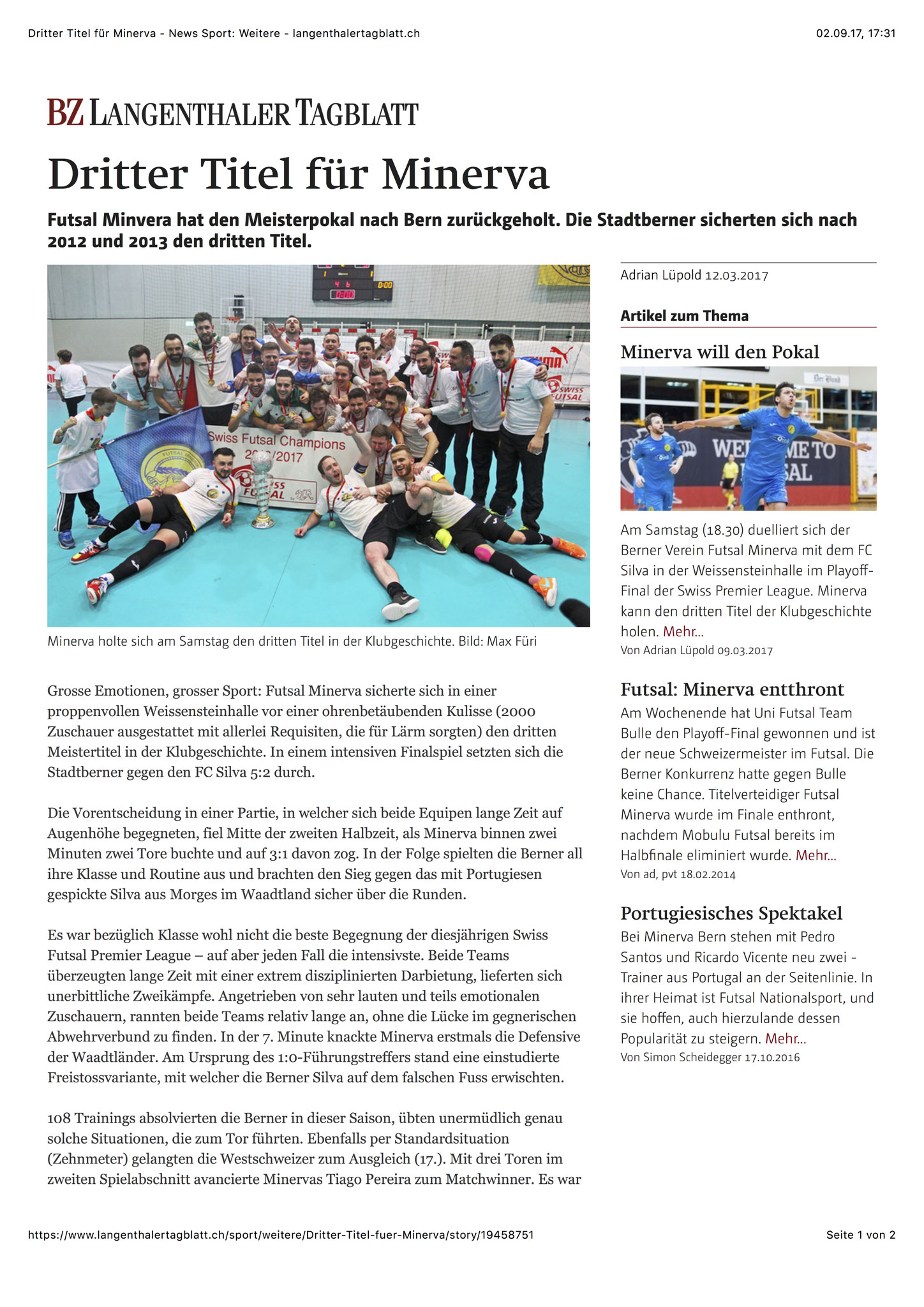 Berner Zeitung BZ - 12. März 2017 - S. 1