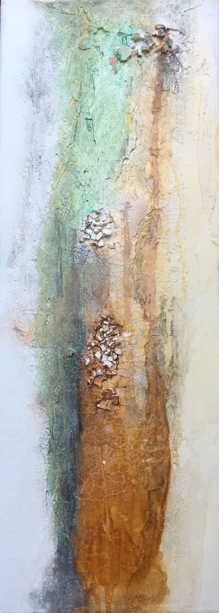 Patina bröckchenweise, 70x30x4,5cm, Mixed Media mit Sumpfkalk und Patina