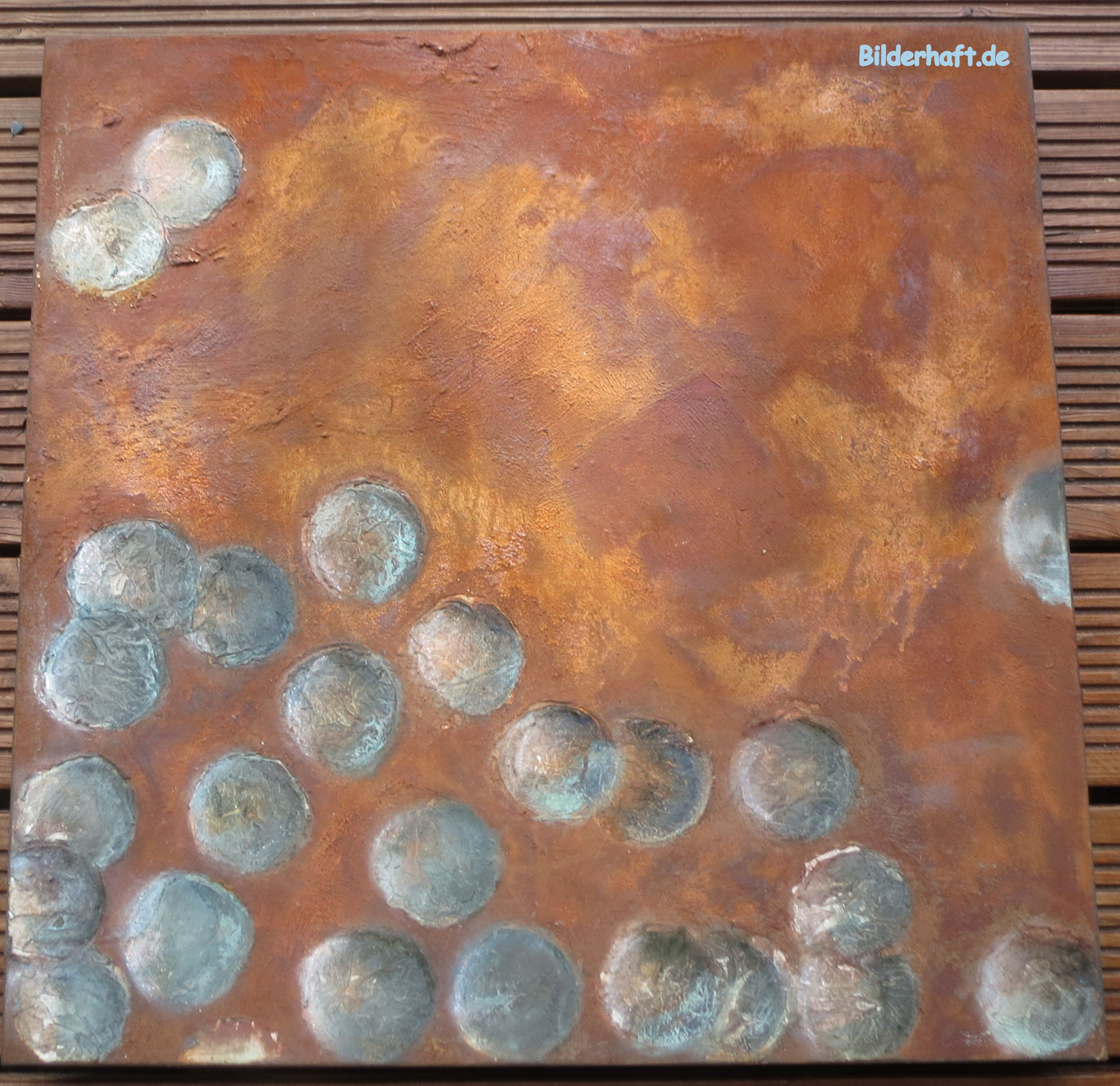 Rostige Rumkugeln, Mixed Media mit Rost, 60 x 60 x 4,5cm