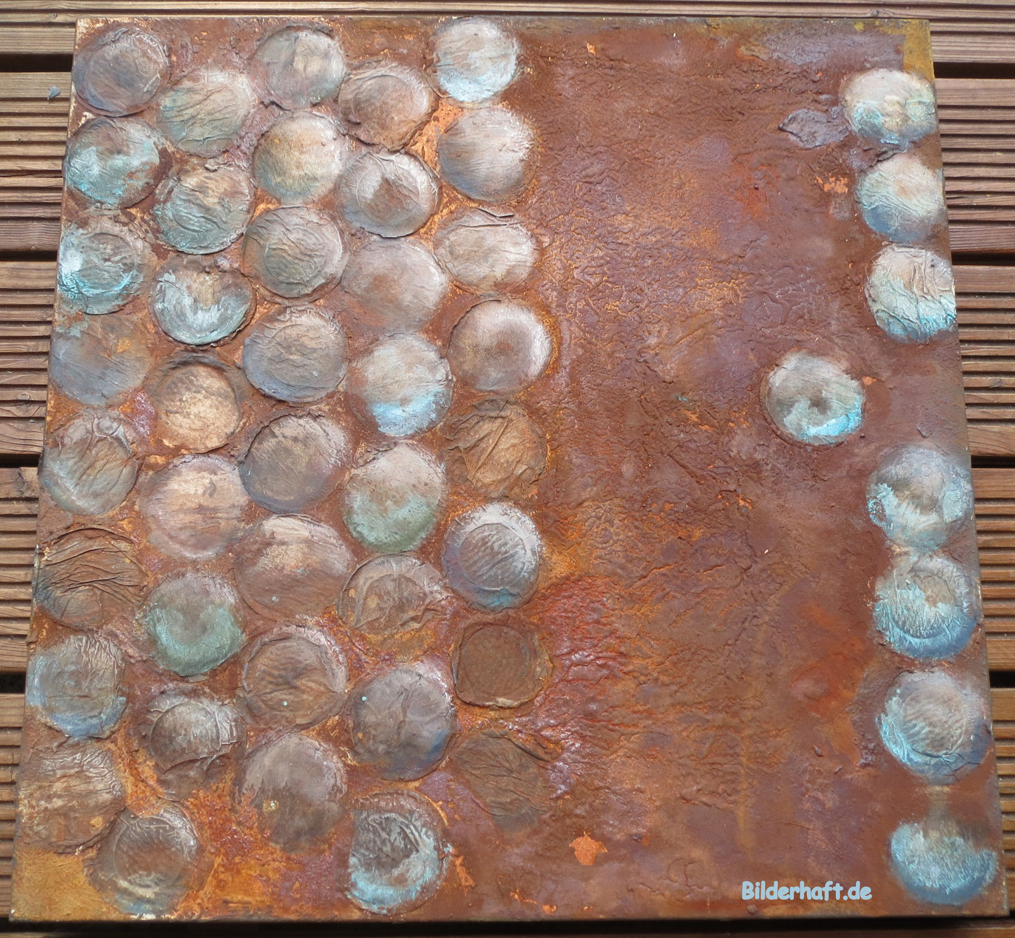 Rostige Rumkugeln, Mixed Media mit Rost, 60 x 60 x 4,5cm
