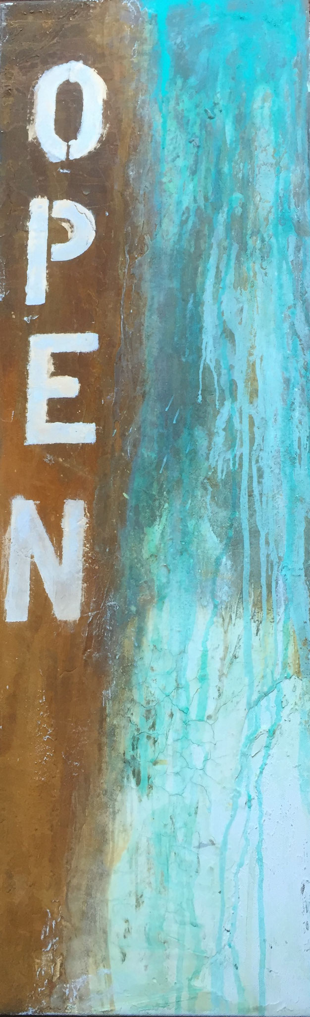 Open, 90x30x4,5cm, MIxed Media mit Rost