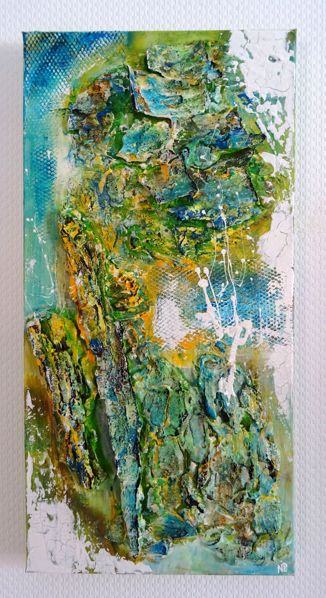 Schneeschmelze (30x60x4) - aus der Kunst-Reihe "Back to nature" - Applikationen aus  Rinde und Borke - VERKAUFT