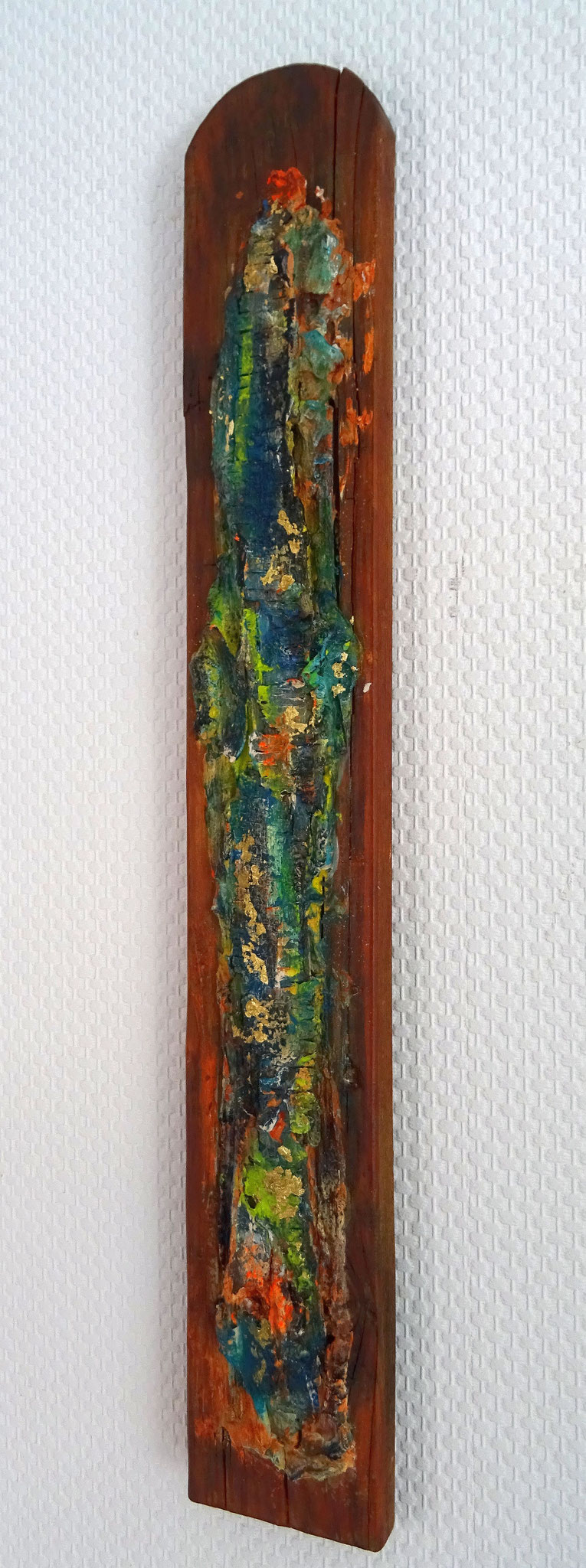Grenzposten (8,5x60x2) - aus der Kunst-Reihe "Back to nature" - Applikation auf Holz mir RInde und Borke