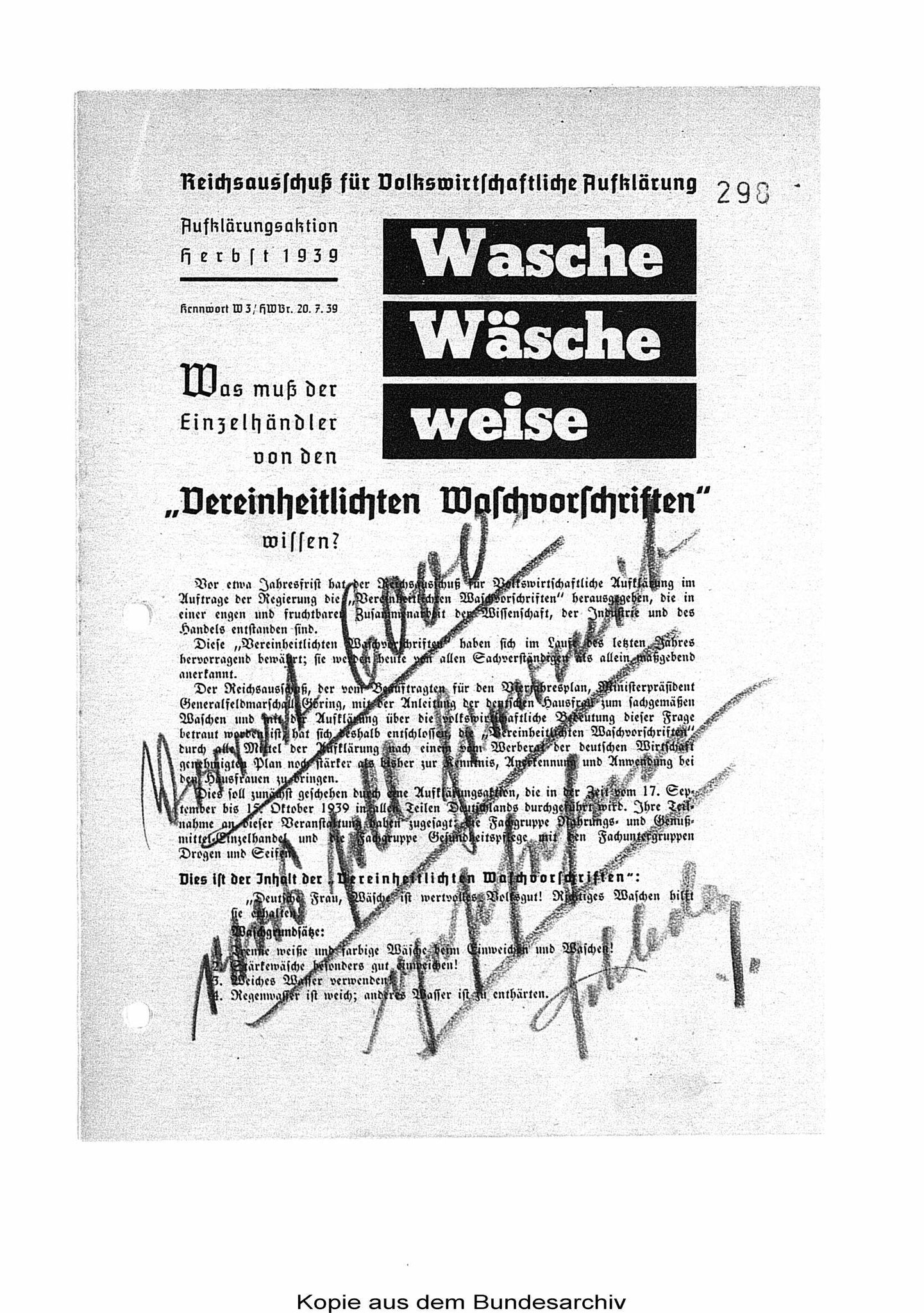 Waschvorschriften - Info für Einzelhändler August 1939. BArch R5002/46.