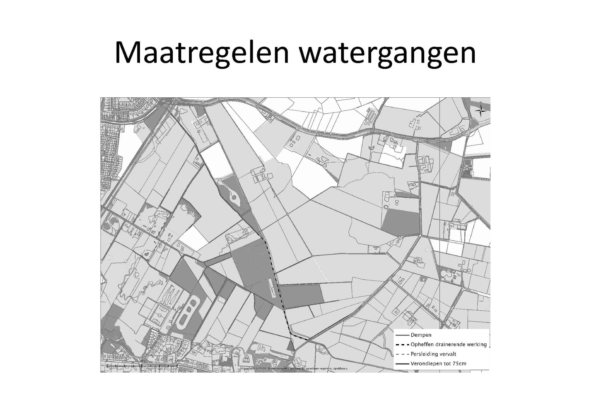 Enige maatregelen in watergangen. Sommige worden gedempt of verondiept. Van de Beneden slinge kan de drainerende werking worden opgeheven. 