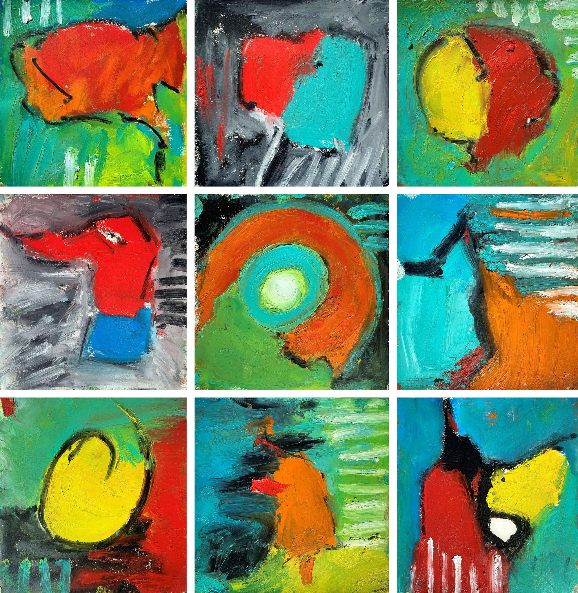 Buntes, Ölpigmente auf Leinwand, je 30x30cm
