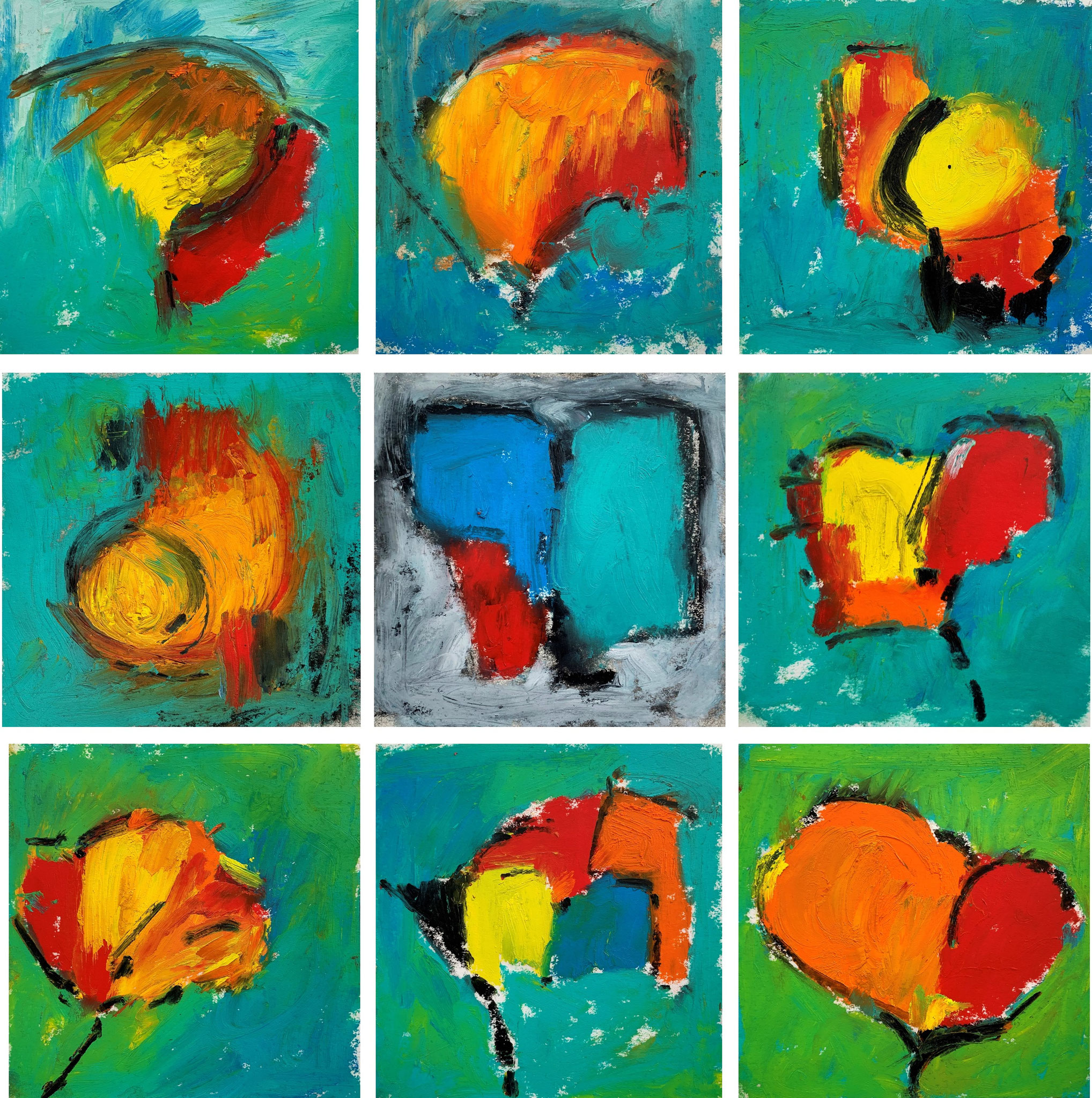 Buntes, Ölpigmente auf Leinwand, je 30x30cm