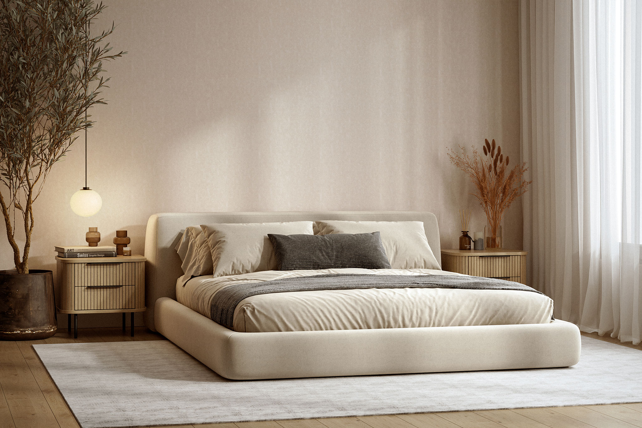 minimal bedroom interior rendering for residential architecture - Dionis Studio
