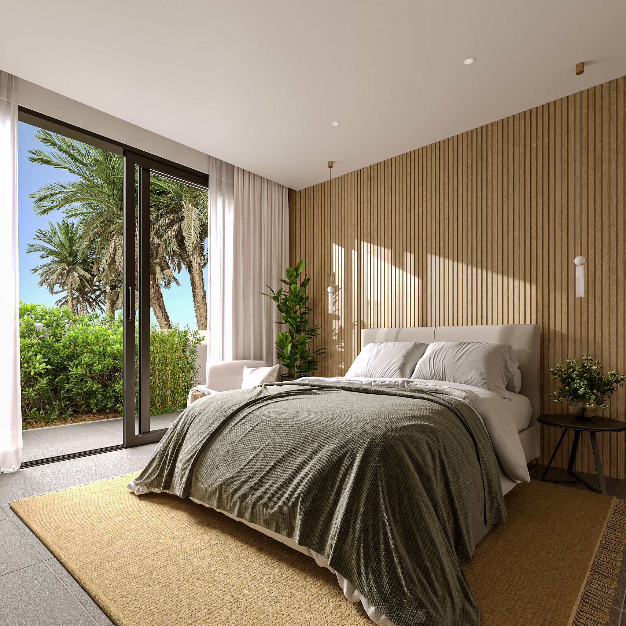 photorealistic bedroom interior architectural visualization with natural light - Dionis Studio