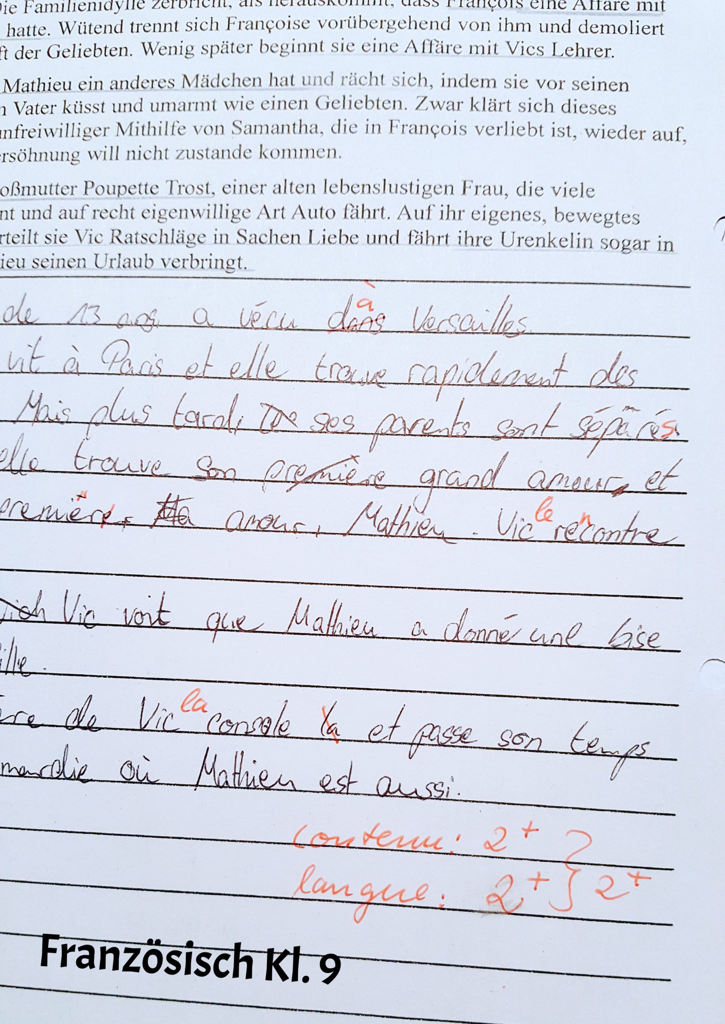 In Französisch Klasse 9 hat Cindy tolle 2+