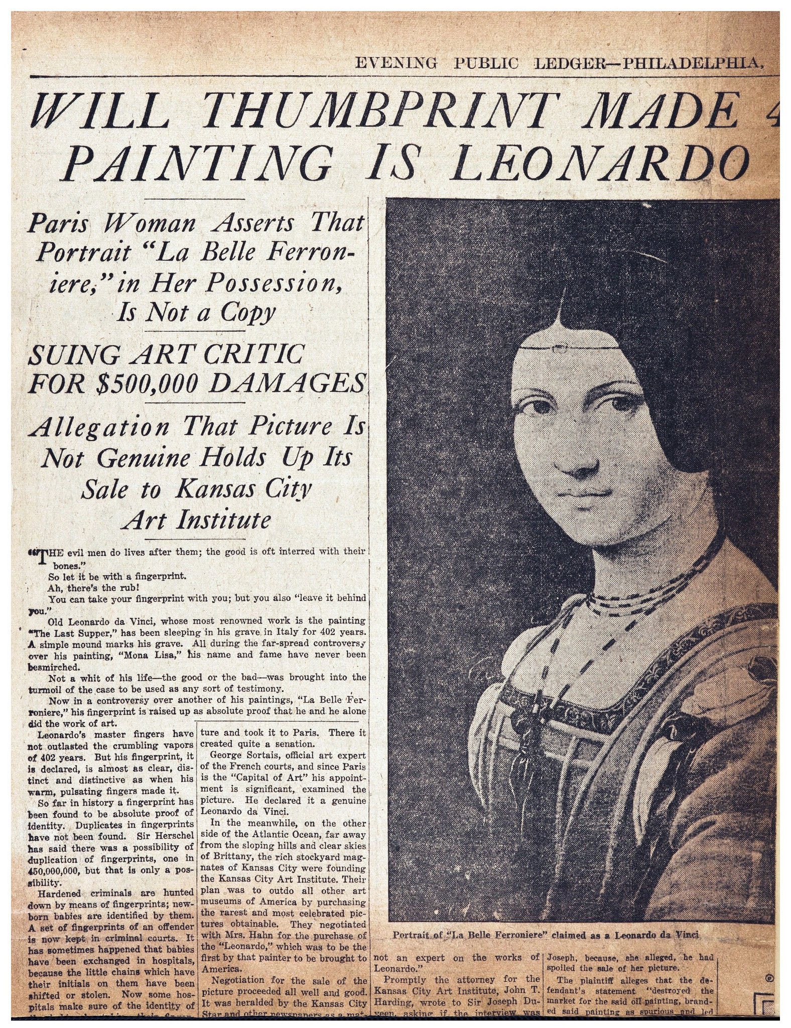  "Will Thumbrint made 400 Years ago prove painting is Leonardo Da Vinci's original? in «Evening Public Ledger-Philadelphia» del 10 gennaio 1923, pp. 18-20  ©Getty Research Institute