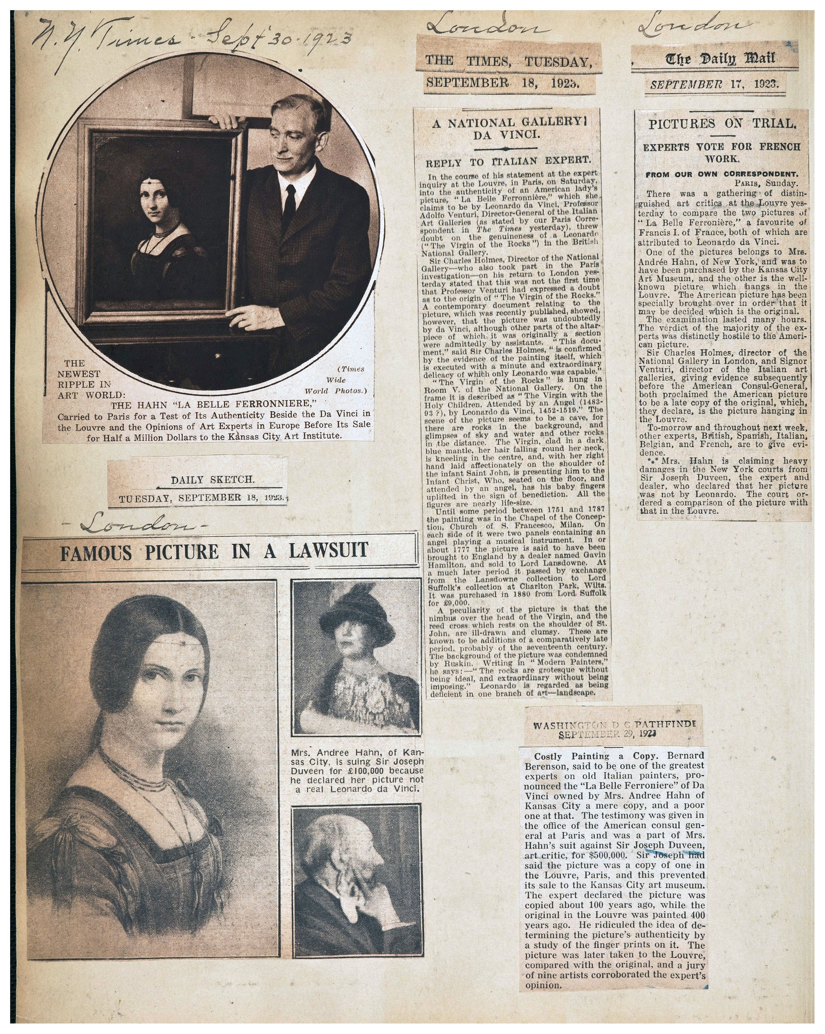 Raccolta di articoli del settembre 1923, N.Y. Times, The Times, The Daiy Mai, Daily Sketch, Washington D.C. Pathfinder,  ©Getty Research Institute
