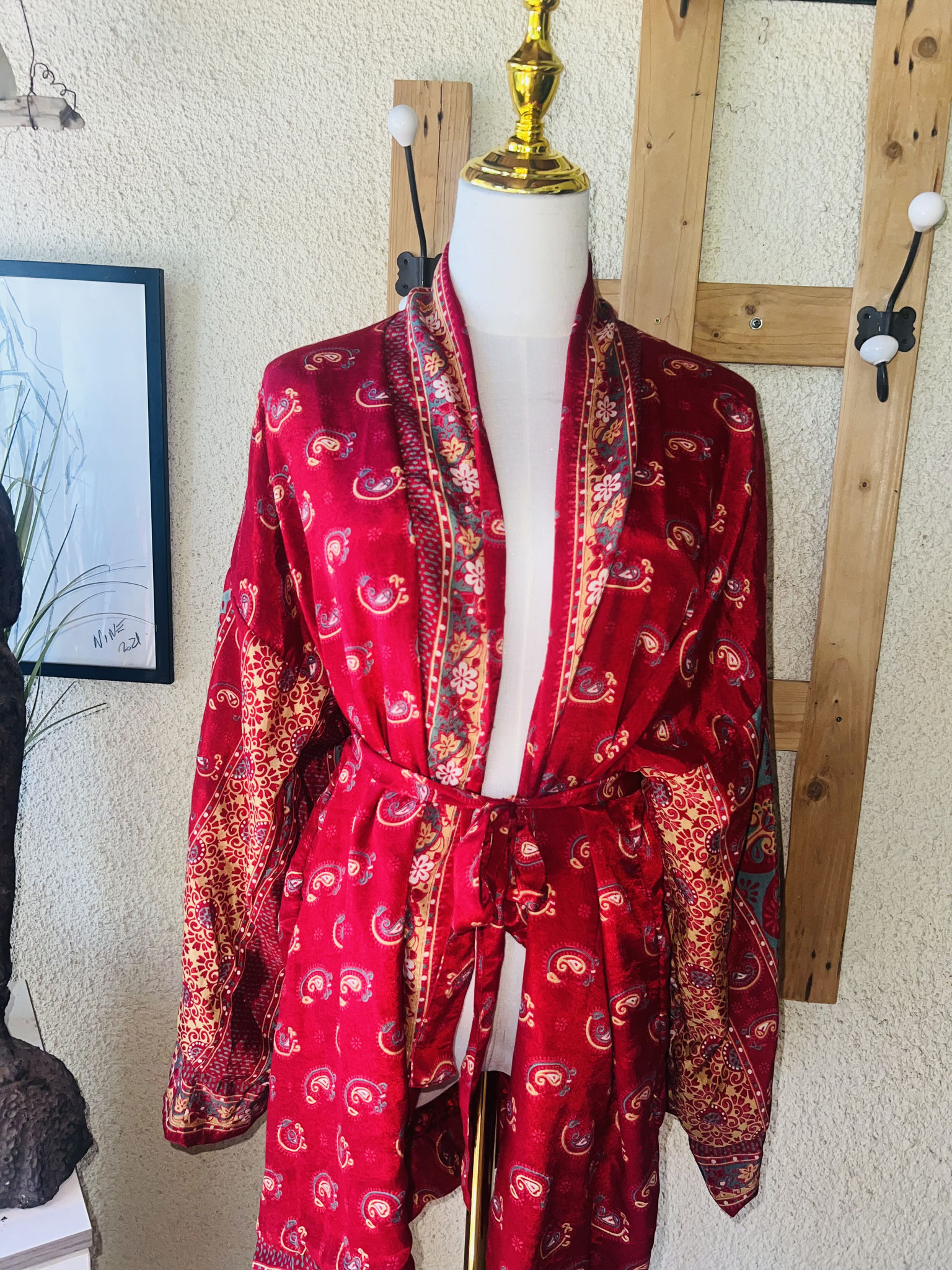 Kimono court en soie recyclée - rouge