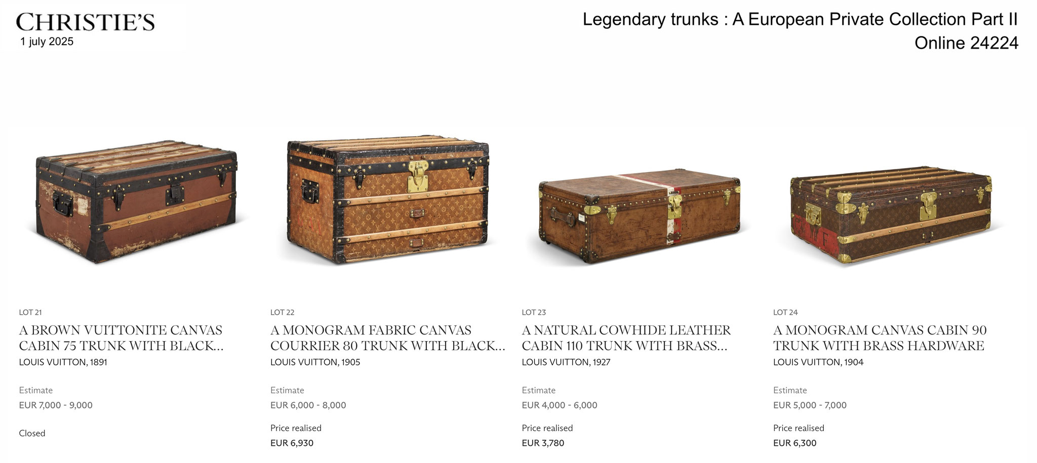 RESULTATS DE LA VENTE : MALLE LOUIS VUITTON 2025 Christie's Malle2Luxe Legendary trunks