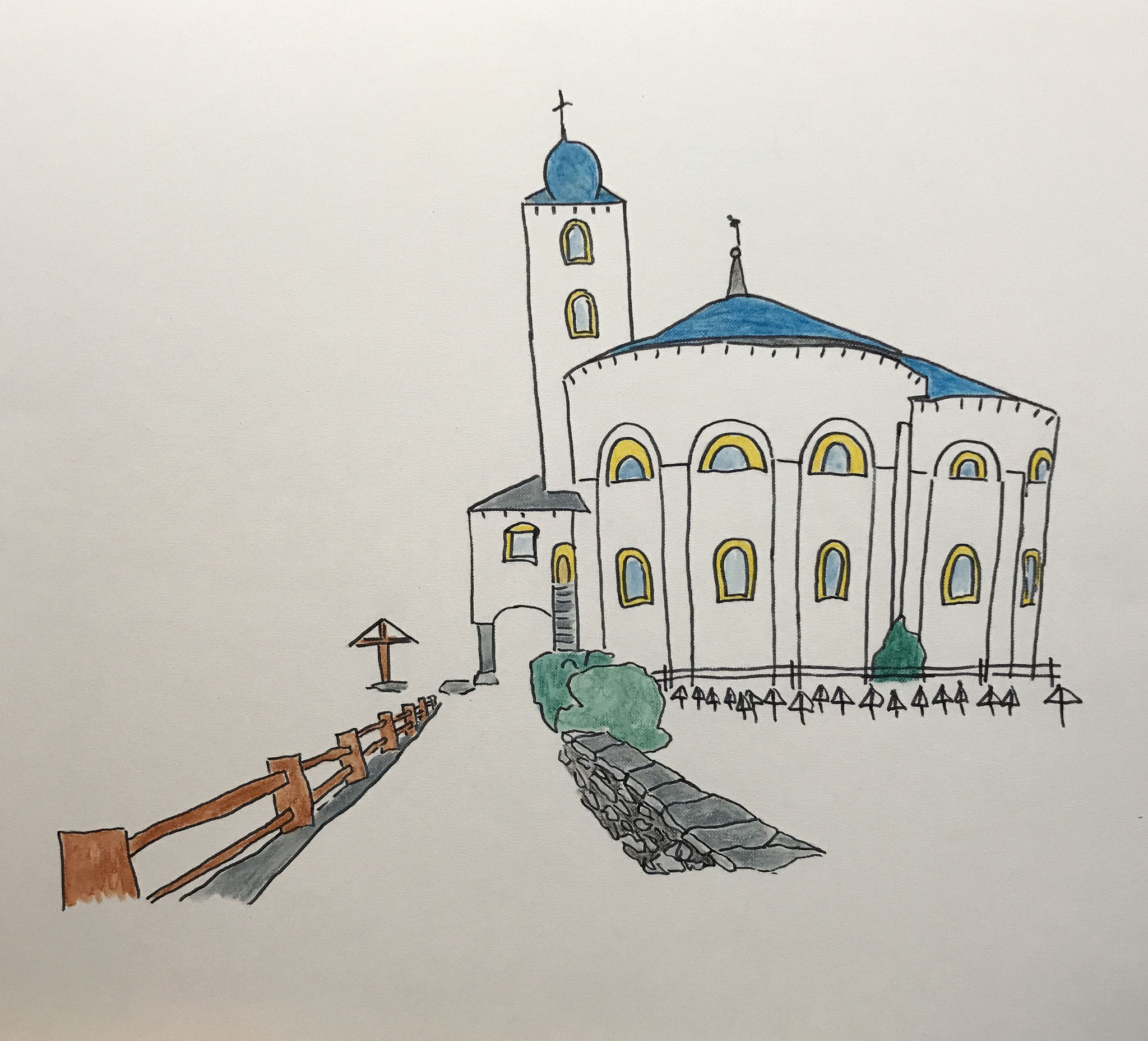 RUNDKIRCHE, SAAS BALEN  Water-soluble colour wax pastels on canvas grain, ca. 42 x 56 cm