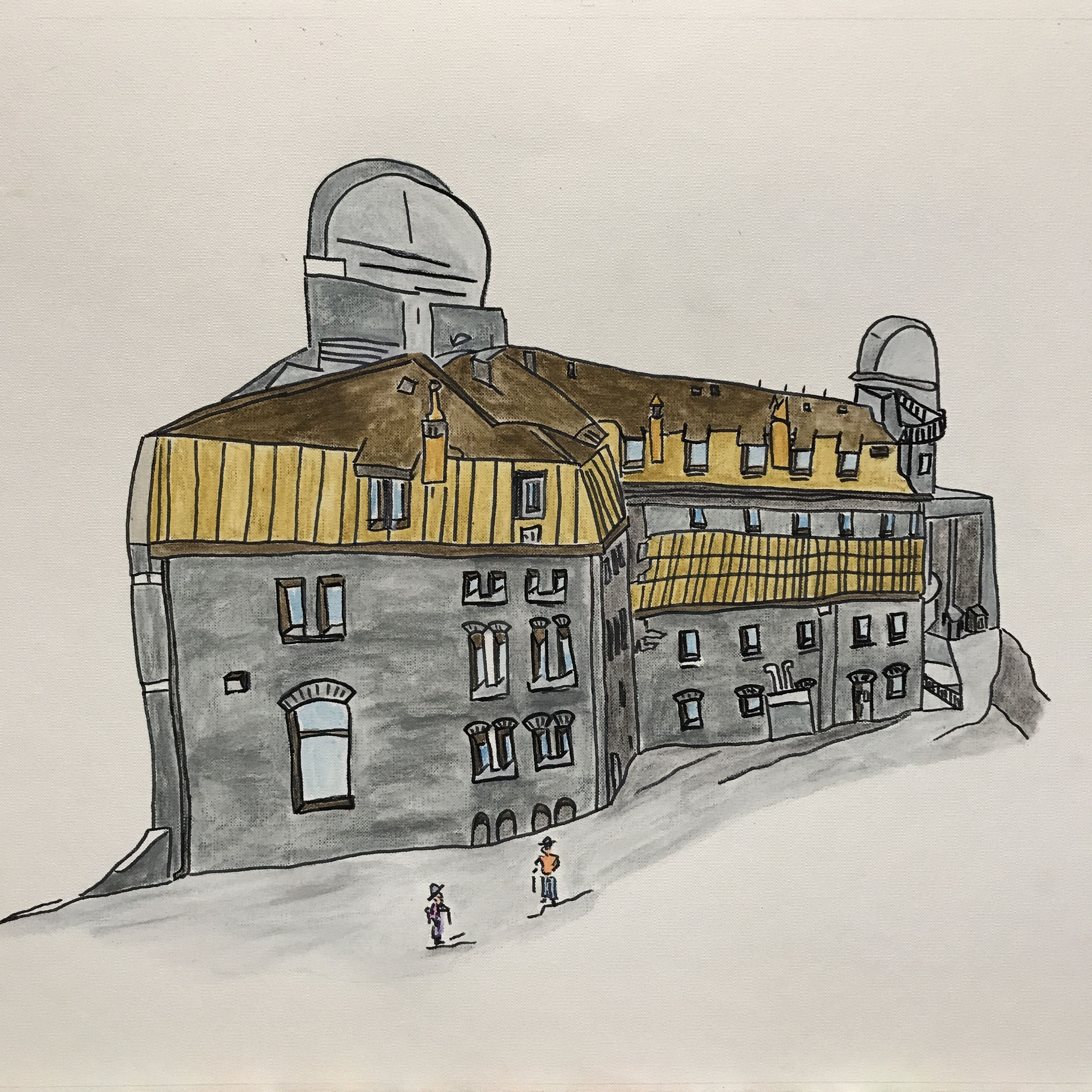 KULMHOTEL GORNERGRAT  Water-soluble colour wax pastels on canvas grain, ca. 42 x 56 cm