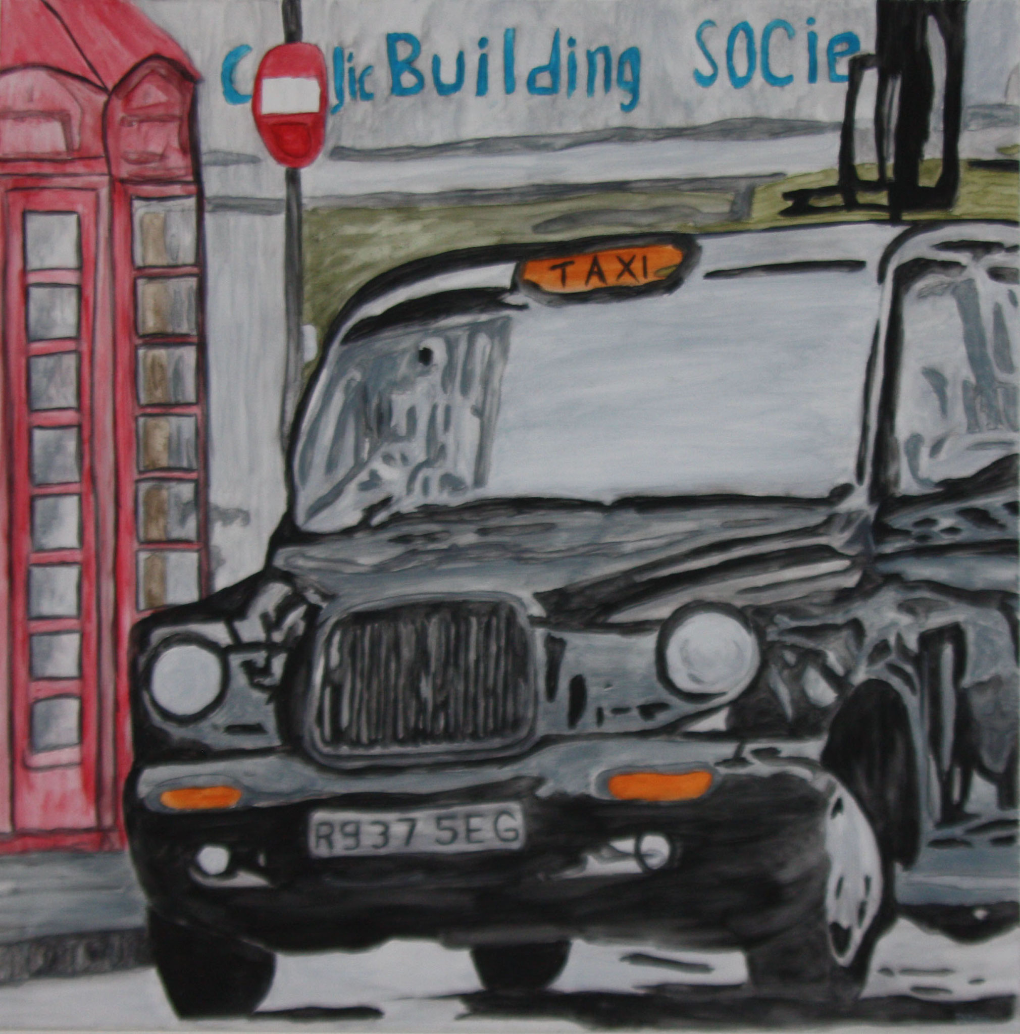 LONDON TAXI  Water-soluble colour wax pastels on canvas grain, ca. 80 x 80 cm