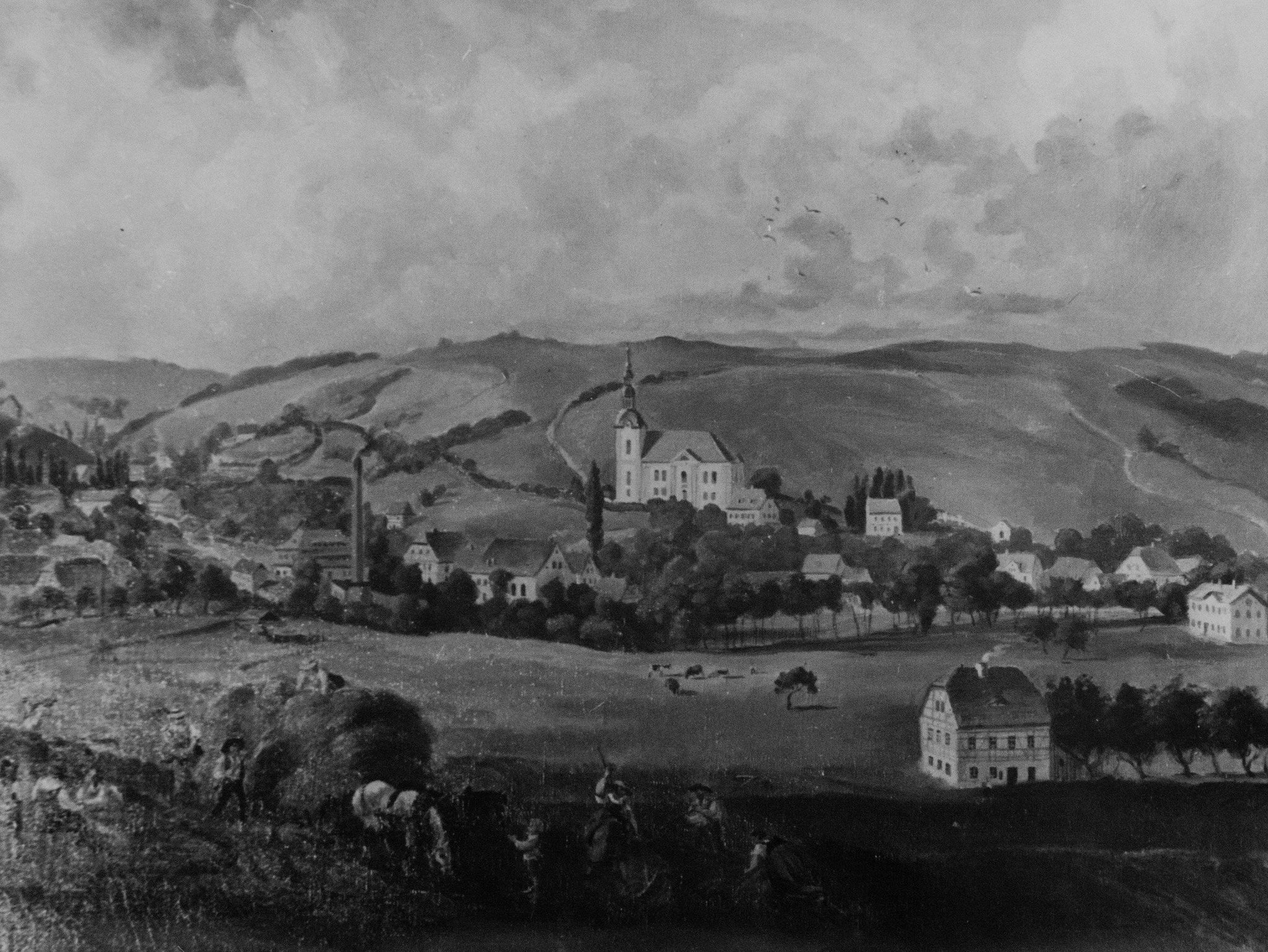 "Blick von der Herrmannstraße", etwa 1875  -   Ölgemälde von Walter Leuteritz. Es zeigt die Jakobikirche Einsiedel wenige Jahrzehnte nach ihrer Vollendung  (1822-1827).  Baumeister war Friedrich Christian Uhlig aus Altenhain.