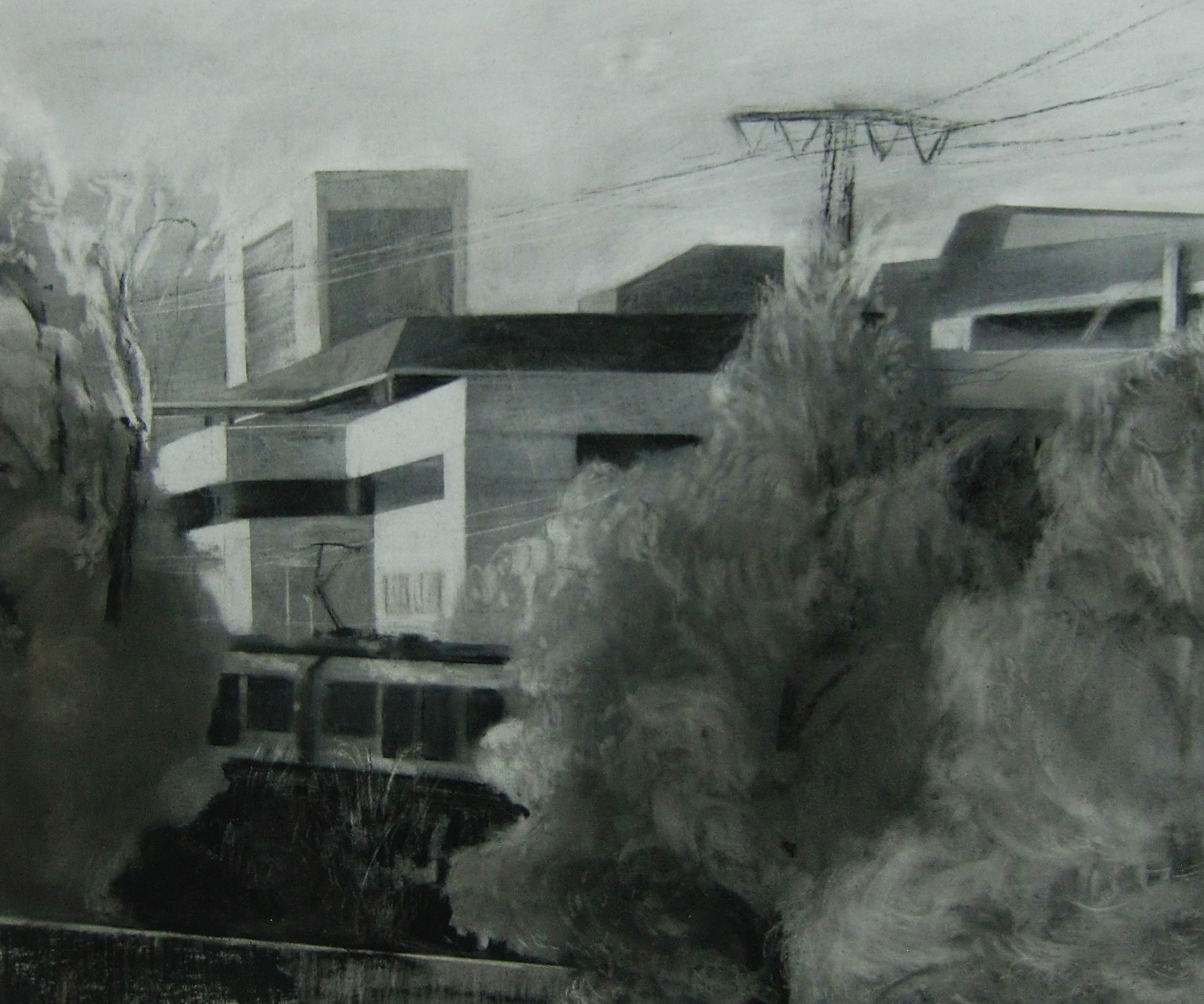dahinter, 2016, Kohle auf Leinwand auf HDF, 50x60 cm