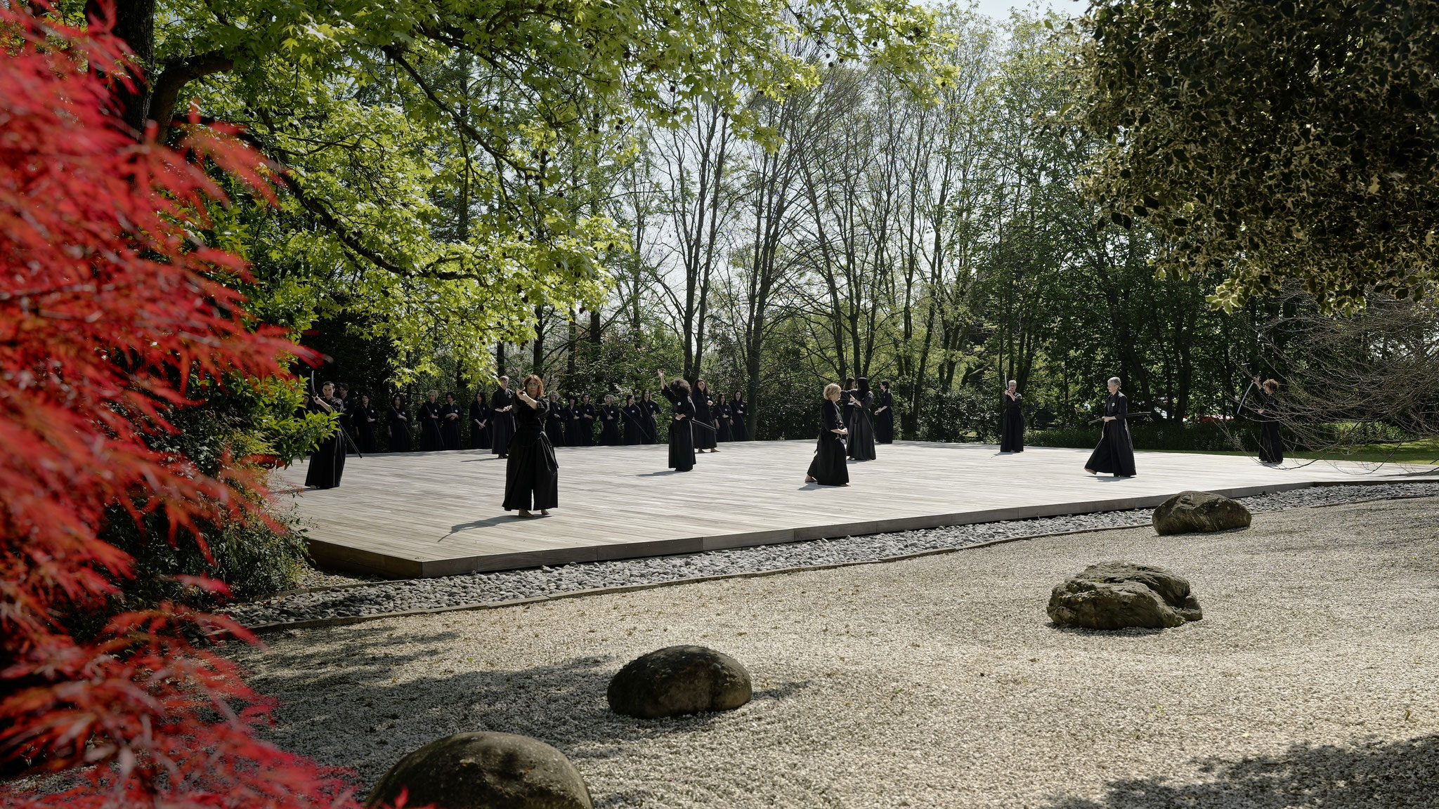 allievi che praticano ai jutsu sulla pedana al dojo di pavia