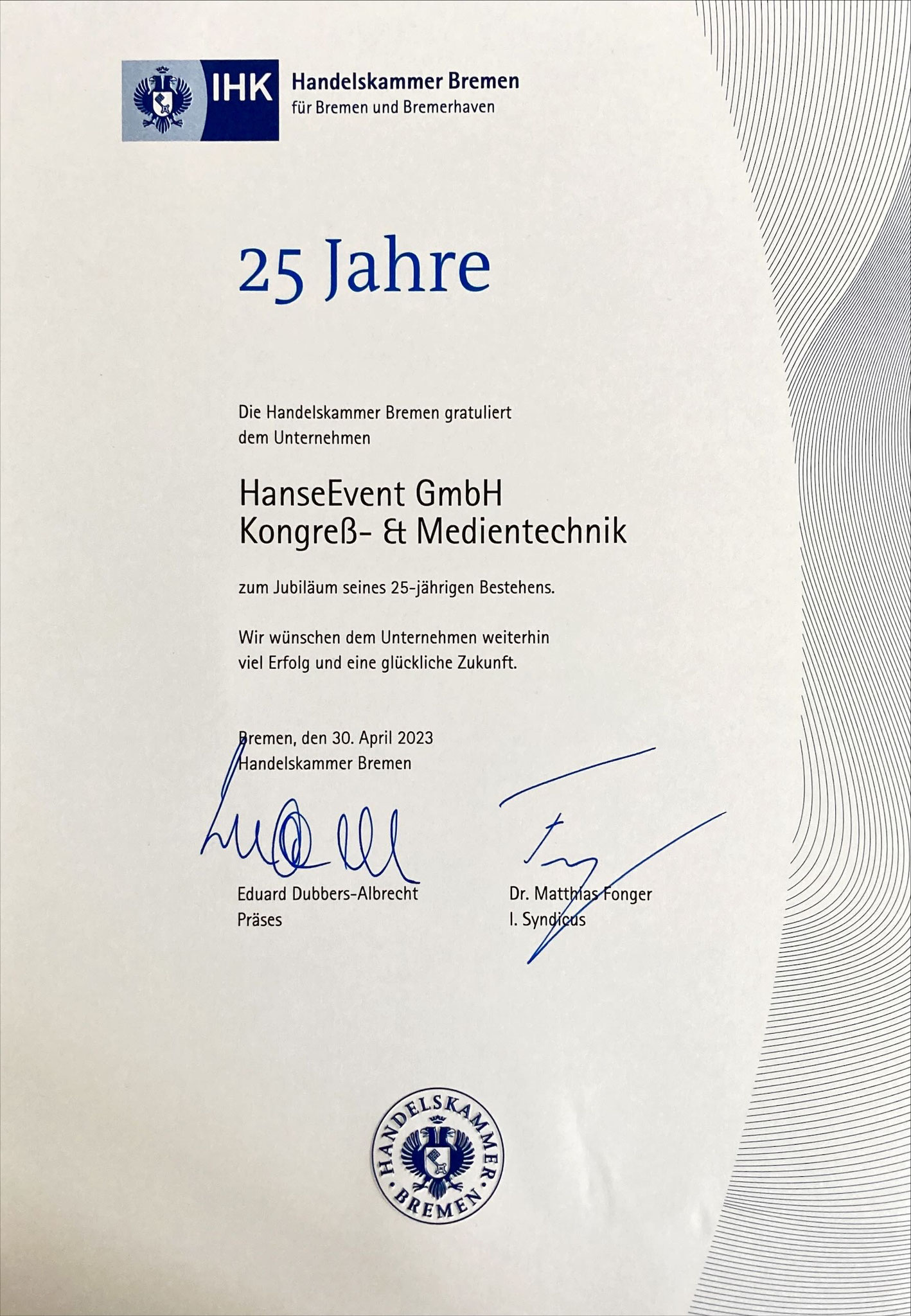 Urkunde 25 Jahre HanseEvent GmbH