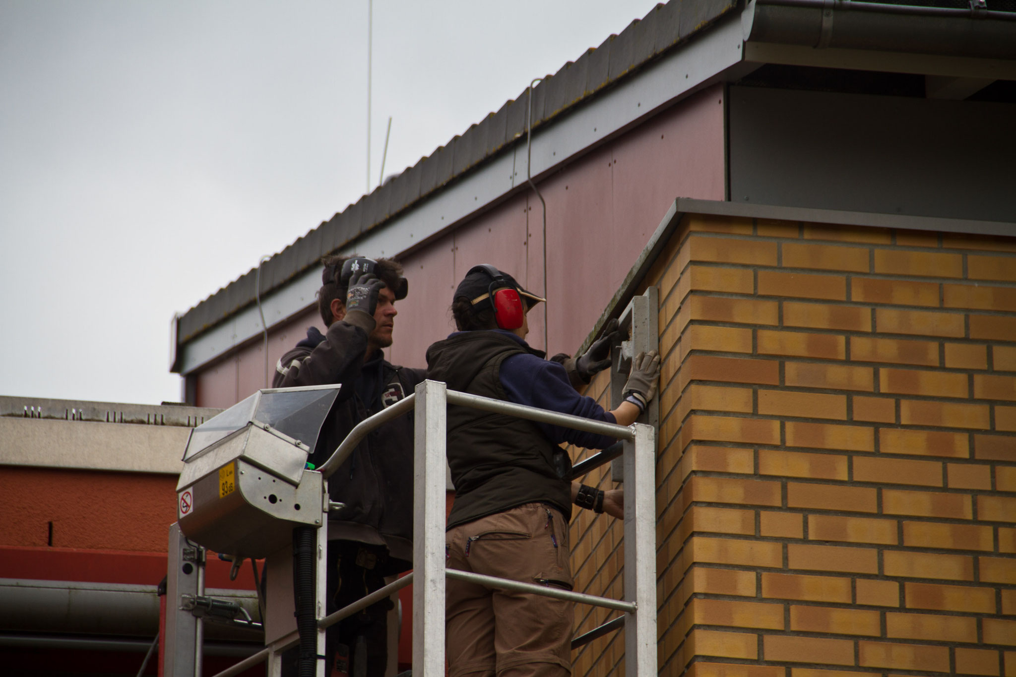 ... bringen drei Fledermauskästen an der Werkstattschule in der Südstadt an.