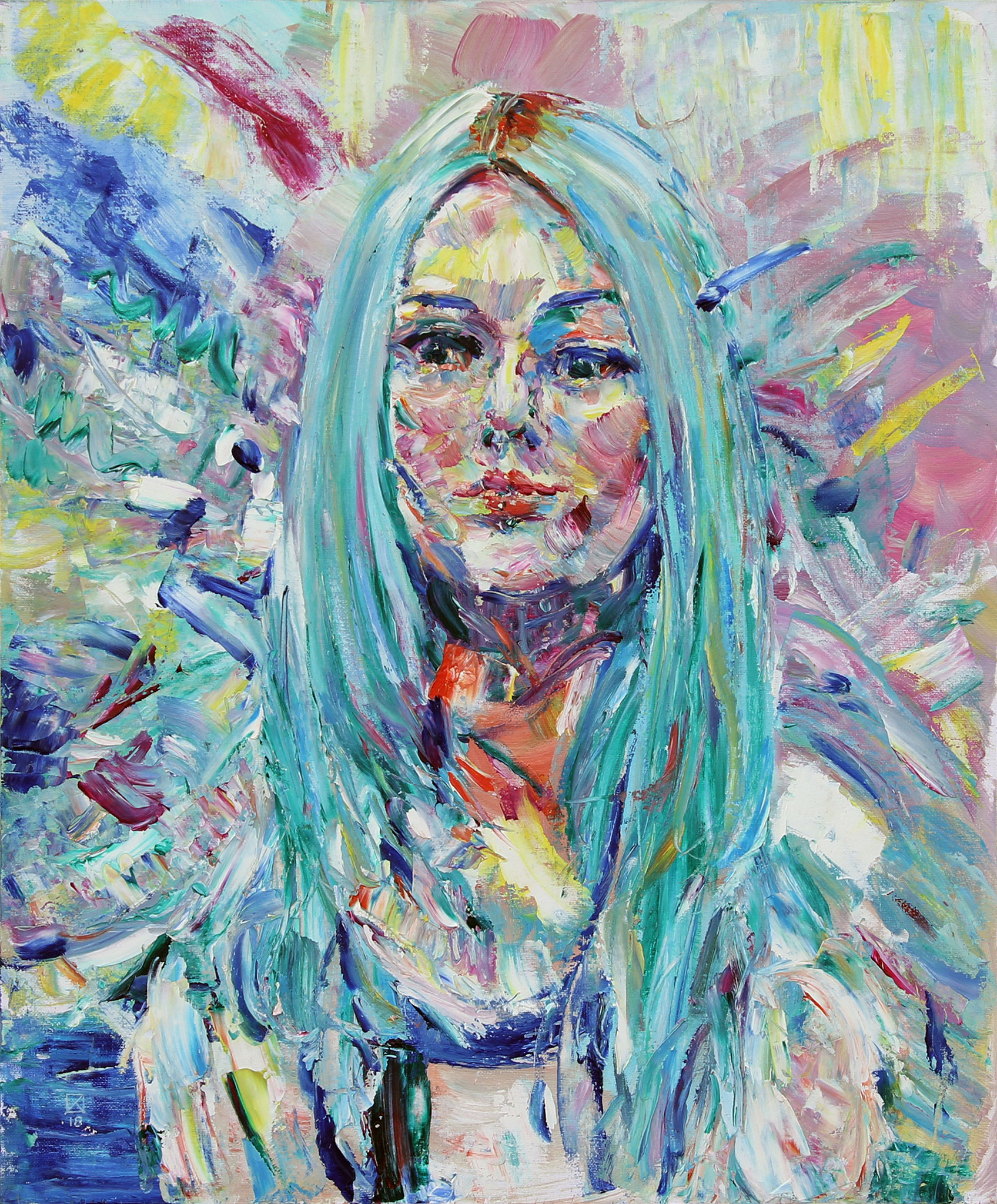 Pencil Girl. 2018. Oil on canvas, cardboard. 60 x 50