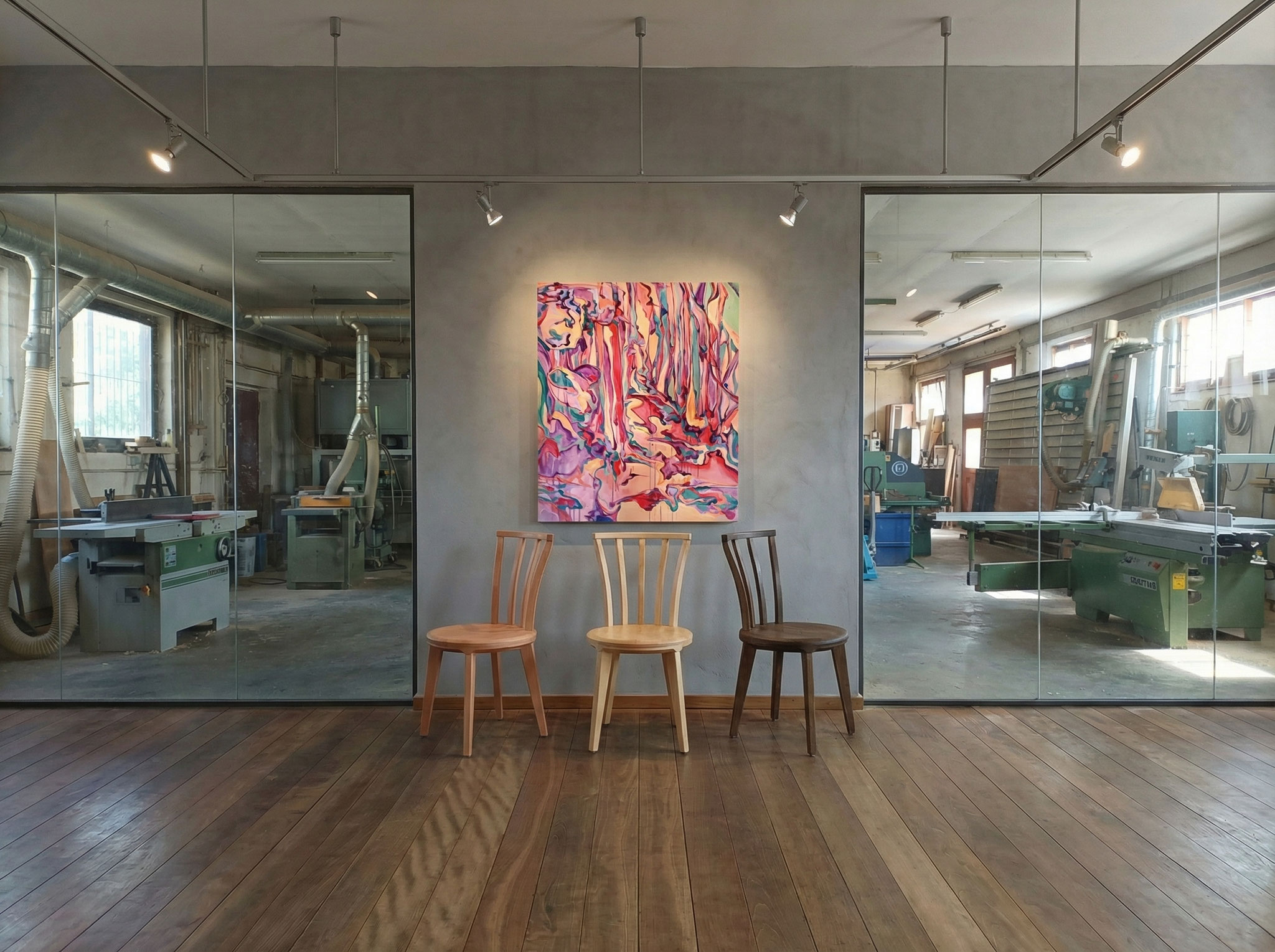 3 moderne Holzstühle mit runder Sitzfläche im Showroom der Schreinerei Kramhöller mit Blick in die Werkstatt. An der Wand hängt ein Bild von leakramhoeller.com.