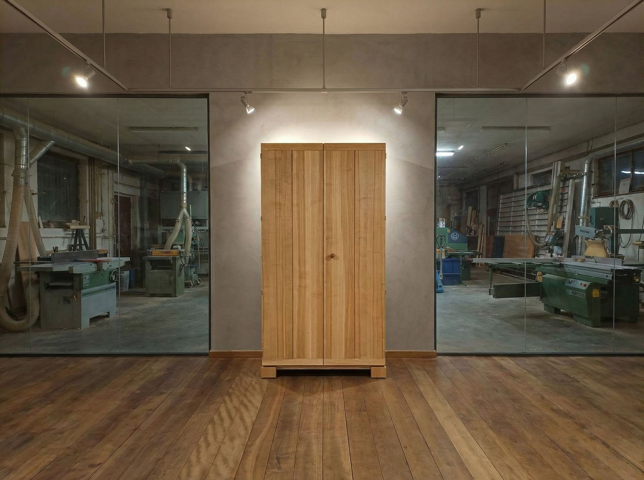 Ein hoher, schlichter zweitüriger Kleiderschrank in Eschenholz mit quaderförmigen Füßen im Showroom der Schreinerei Kramhöller mit Blick in die Werkstatt. 
