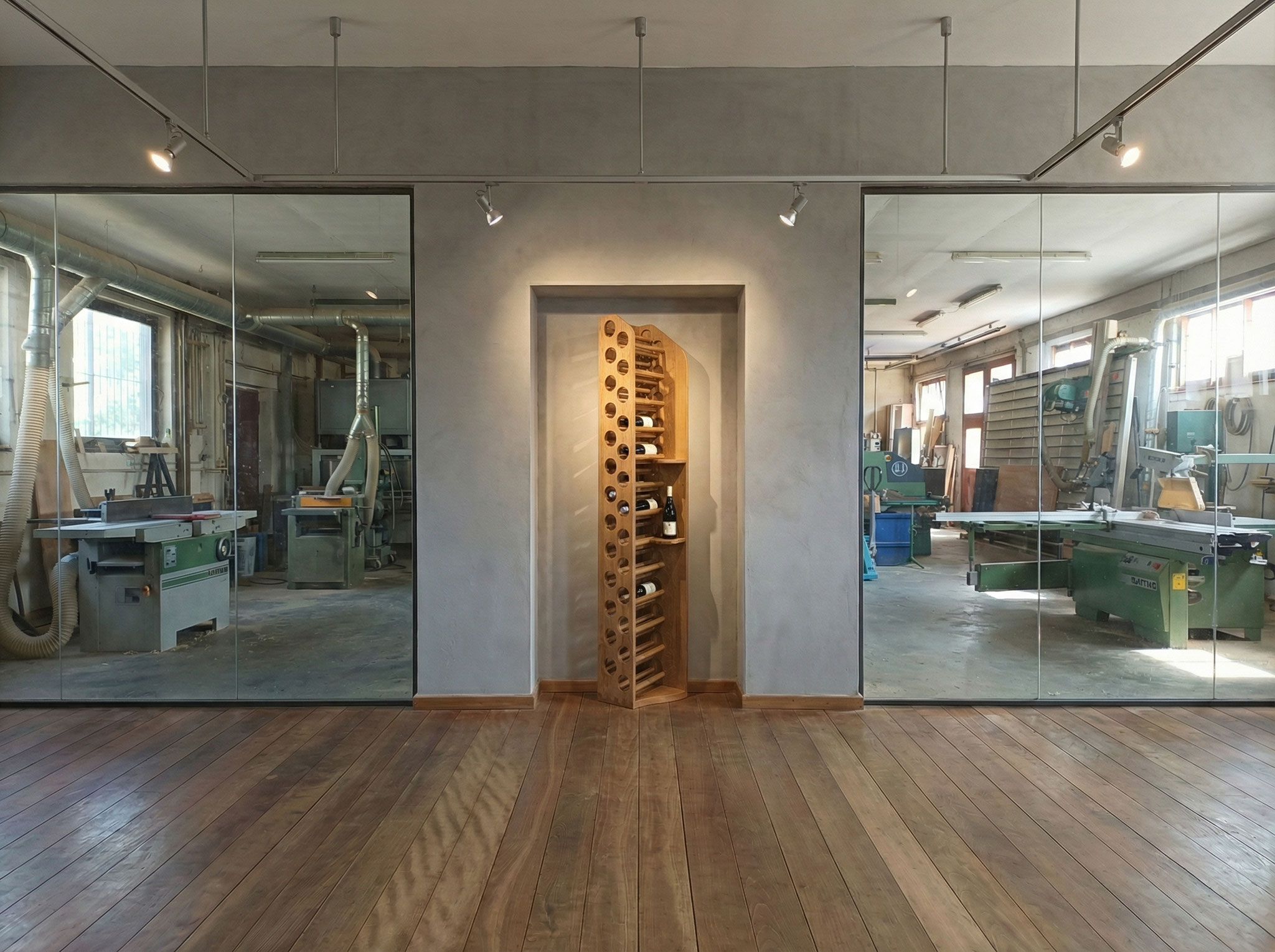 Ein hohes Weinregal in Eichenholz im Showroom der Schreinerei Kramhöller mit Blick in die Werkstatt.