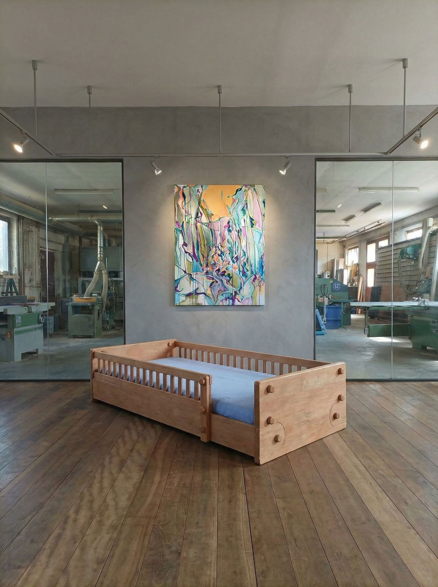 Ein metallfreies Kinderbett, das zum Jugendbett umzubauen ist im Showroom der Schreinerei Kramhöller mit Blick in die Werkstatt. An der Wand hängt ein Bild von leakramhoeller.com.