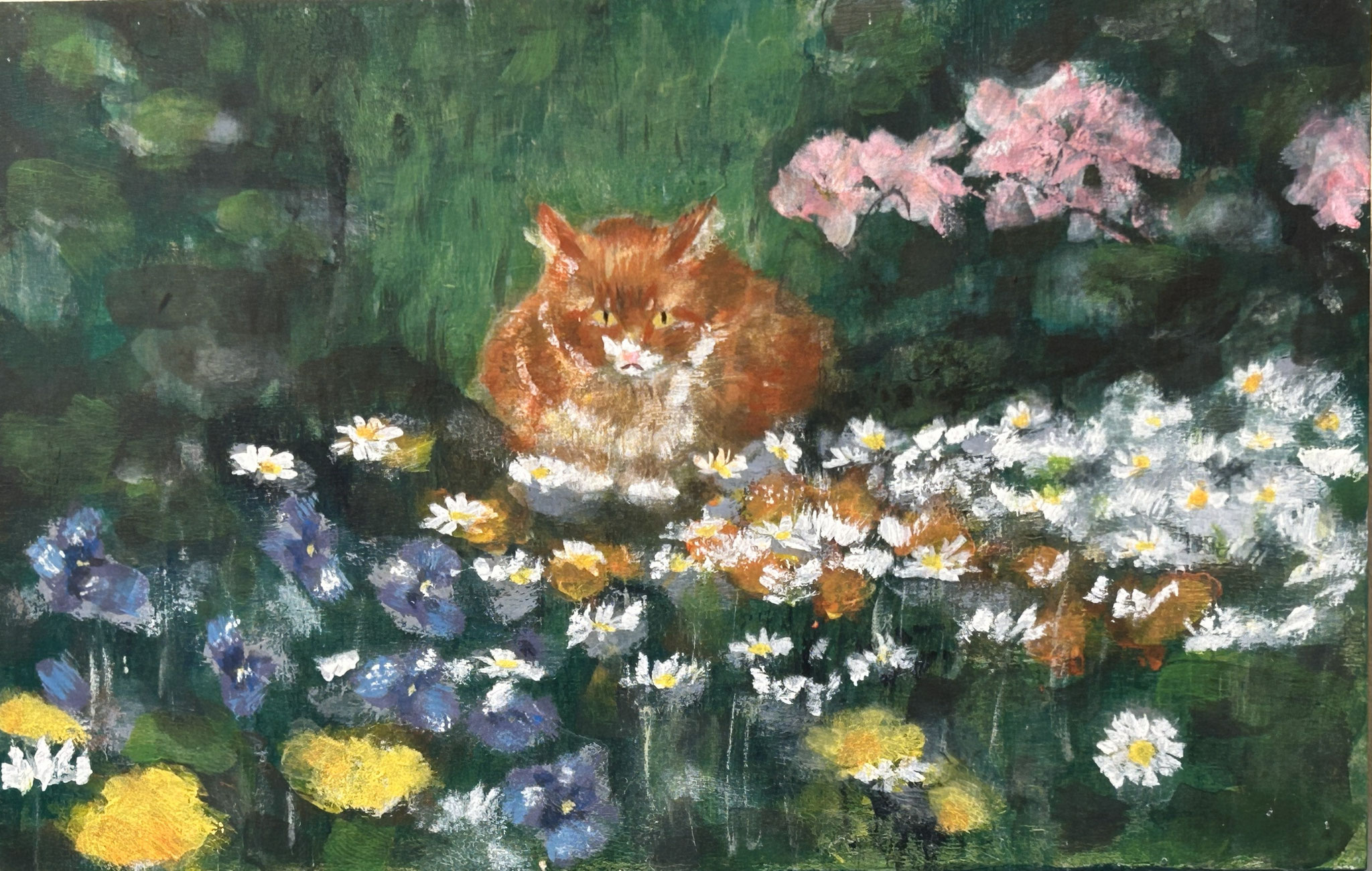 「公園の猫」芦名洋子　（アクリル、板）　(14×22cm)
