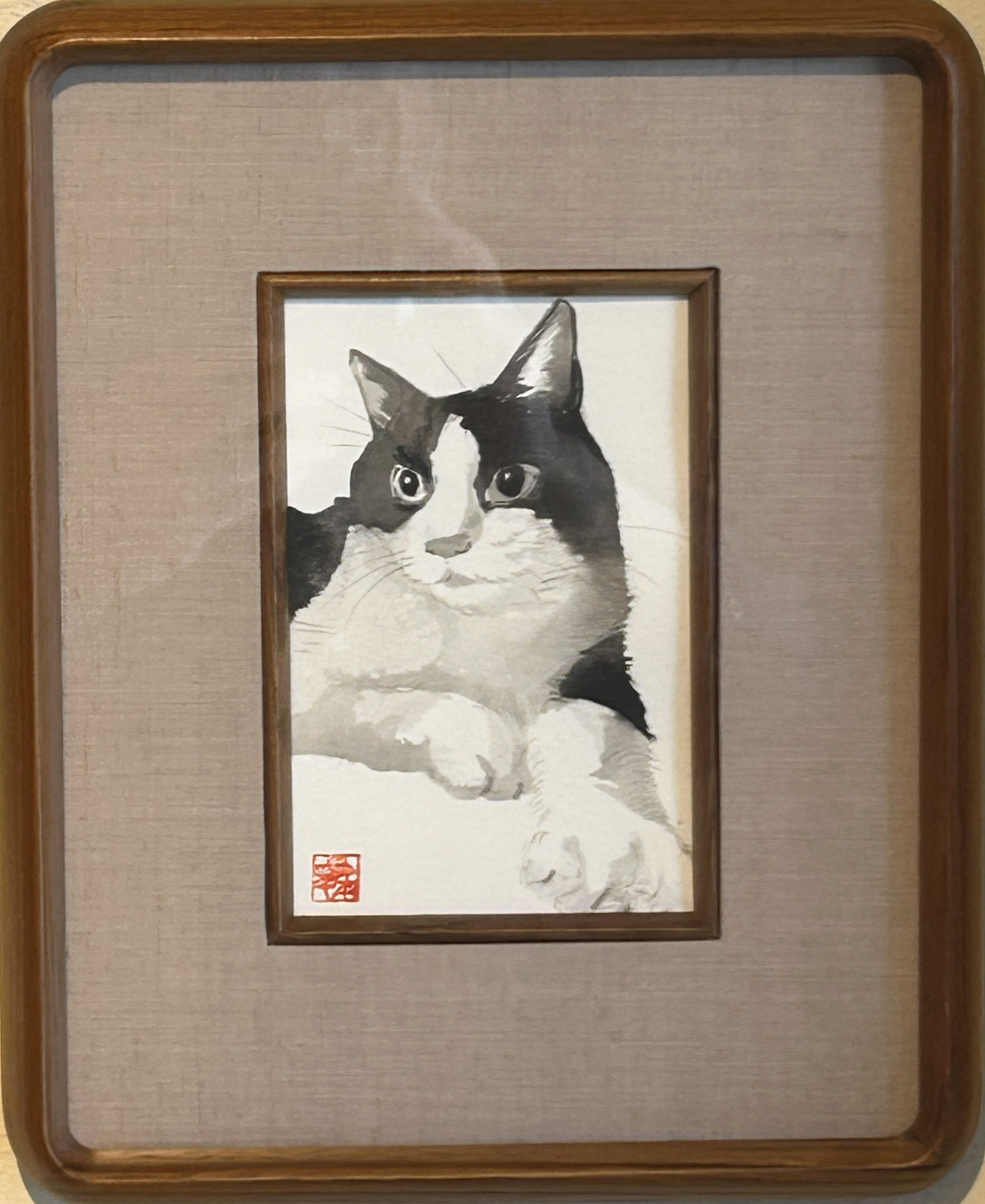 「ハチワレ猫図」松本亮平　（墨、紙）　ハガキ