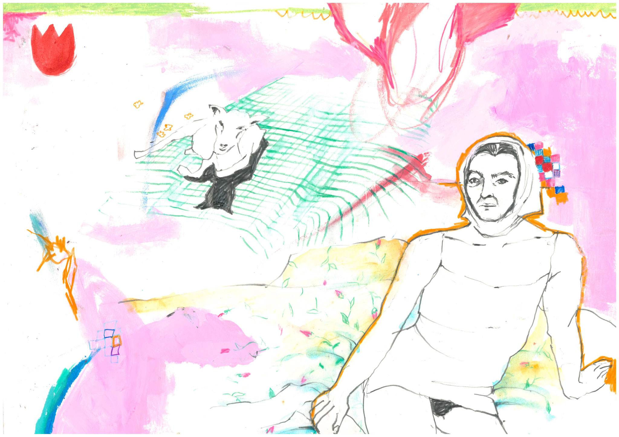 The beauty and the goat, 2021, 30 x 42 cm, Mischtechnik auf Papier, 450 EUR