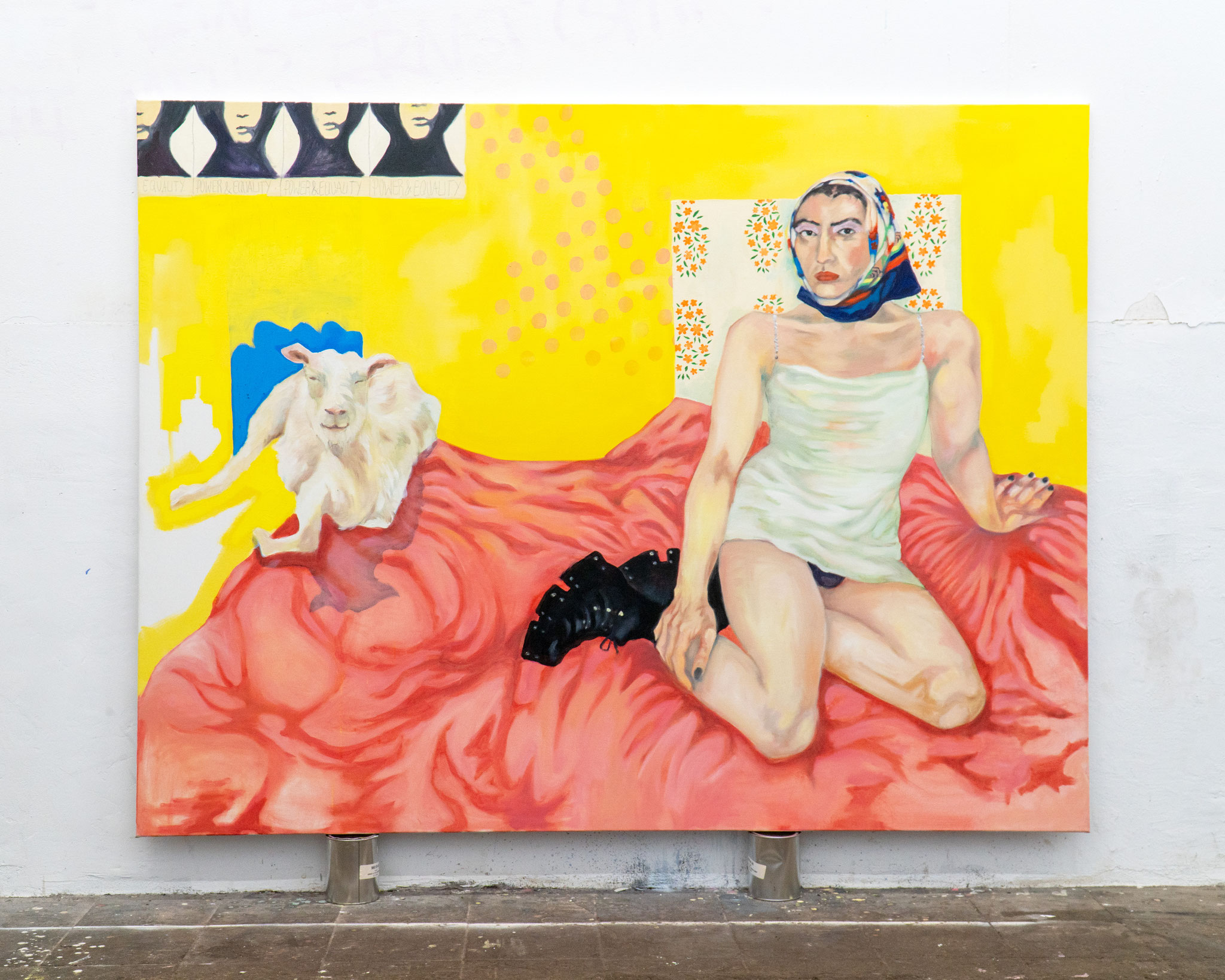 The Beauty and the goat, 2021, 160 x 180 cm, Mischtechnik auf Leinwand, 4000 EUR