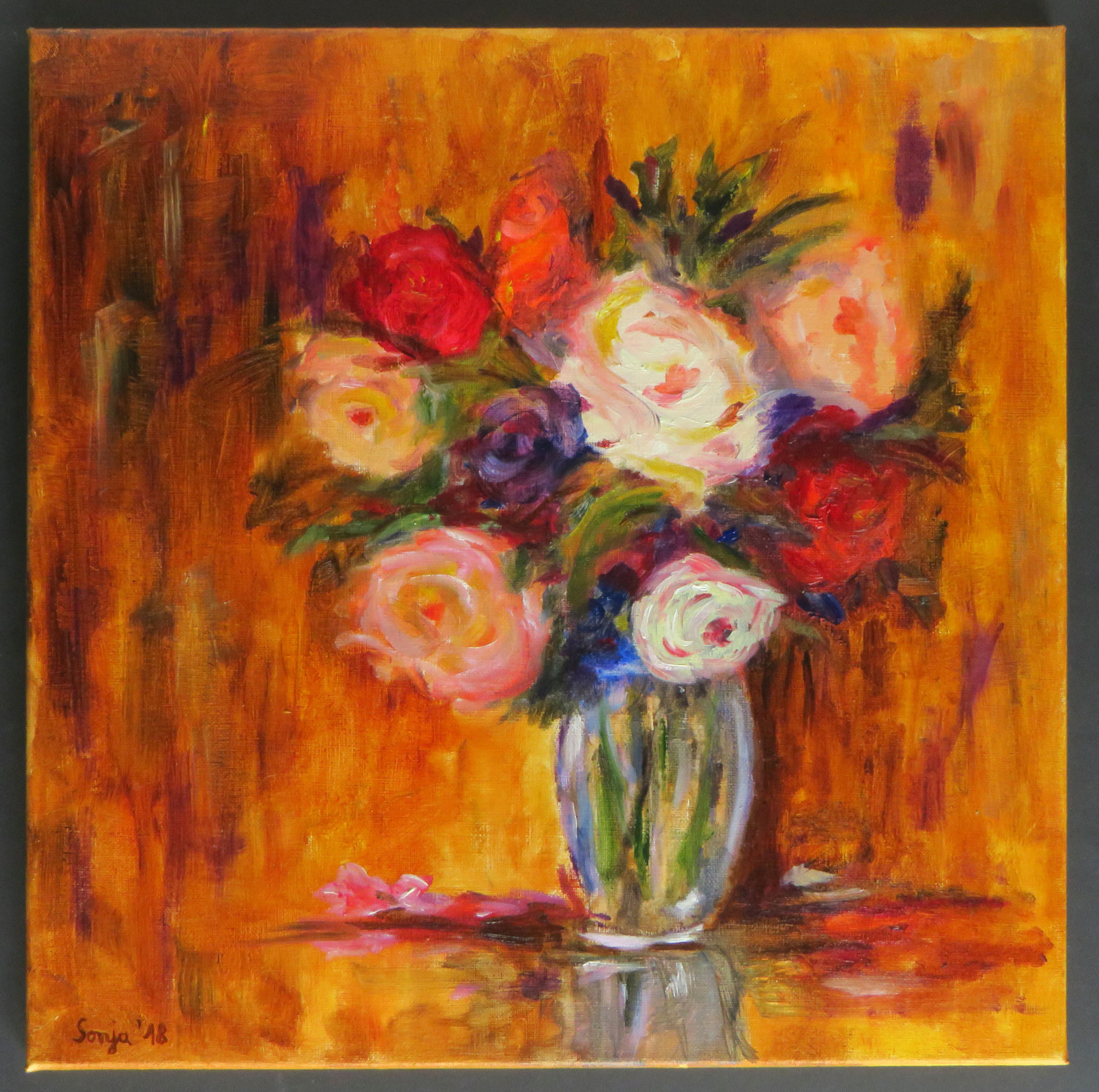 "Rosen und Ranunkeln, Öl auf Leinwand, 40 x 40 cm *